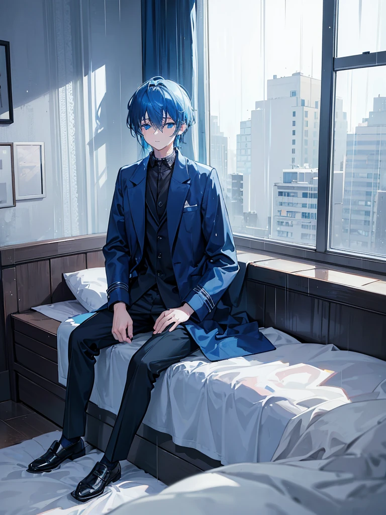 A sad alone depressed boy sleeping, sitting on his bed,watching over the window on his side where it is heavily raining.alone in his room sleeping,sitting and standing.blue hair,blue eyes,wearing blue balck jacket coat and pants