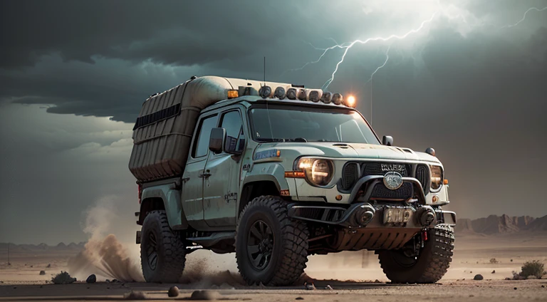 "Ural-4320, Sci-fi post-apocalyptic truck, Modulated by a life support module, Surrounded by a gray desert, Full-face view, future, Sateen, storm: hiquality, ultra detialed, Brutal "