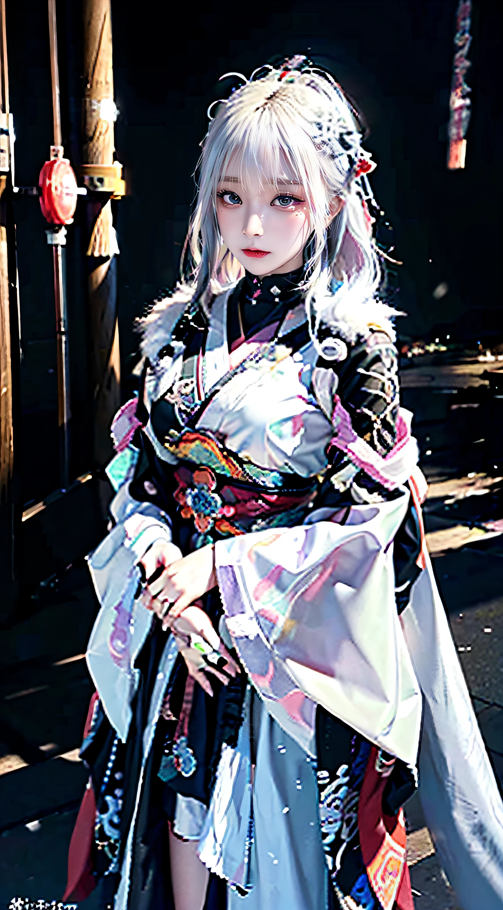 anime - style image of a short-white hair warrior woman, clothes only have white and black colour, samurai kimono, empty hand, white lotus, cry,, a character portrait, fantasy art, background is a winter japan mountain shrine, cyberpunk shrine maiden with fox ears and fox tails, dark white and bold red color, natural lighting, robot fox companions, fighting pose,​masterpiece, 1 beautiful girl, Detailed eye, Swollen eyes, top-quality, A high resolution, an asian beauty, very extremely beautiful, Beautiful skins, A slender, Forward-facing body, (A hyper-realistic), (high resolution), (4K), (highly detailed),( Best Illustration), (beautifully detailed eyes), (ultra-detailed), 详细的脸, Bright lighting, Professional Lighting, distance view,