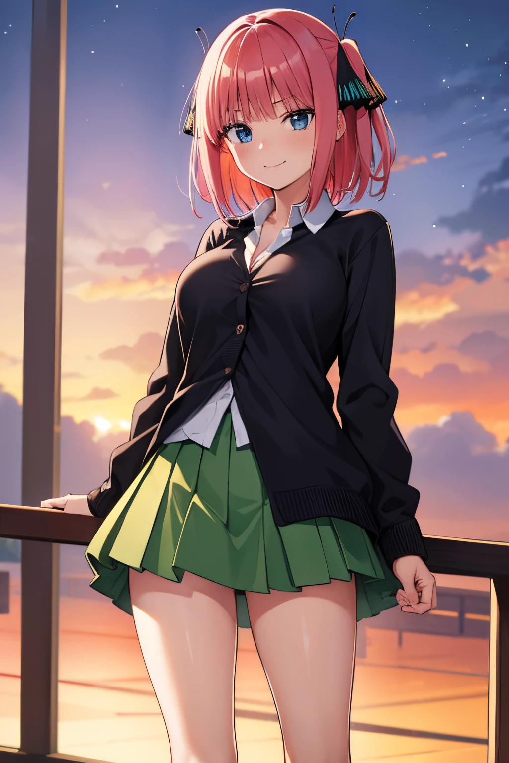 2d, masterpiece, best quality, anime, highly detailed, 1 girl, solo, cowboy shot, nakano nino, pink hair, short hair, butterfly hair ornament, blue eyes, black cardigan, white collared shirt, cleavage, green skirt, miniskirt, black loafers, white stockings, large breasts, medium waist, medium hips, wide thighs, standing, school, outdoors, smile, seductive, embarrassed, closed mouth, good lighting, sunset,