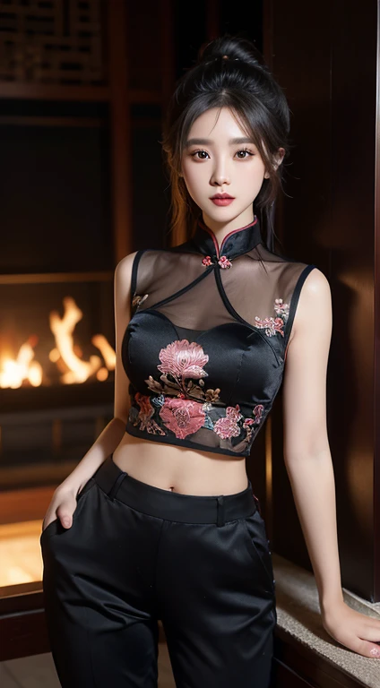 8k, masterpiece, RAW photo, best quality, photorealistic, extremely detailed CG unity 8k wallpaper, Depth of field, Cinematic Light, Lens Flare, Ray tracing, (extremely beautiful face, beautiful lips, beautiful eyes), intricate detail face, ((ultra detailed skin)) 1girl, in the dark, deep shadow, pretty Asian girl, idol, 1 girl, (very slim slender fit-muscled body:1.3), ((looking at viewer)),(big smile:1.3), (tight laced blouse), (short sleeve) , (city night, dark night, (neon sign), (blurred background), dim lights, cityscape, rooftops, beautiful earrings, bracelets, necklace, clear eyes, (pale skin), (smile),(big eye, face forward, ((upper body shot)), (black, red silk pantrown hairs), (silk blouse), laced jacket , (looking at viewer:1.3), open breast, (very slim), medium breasts, (see through),((flooming laced)), (camel toe), laced blouses, thick thighs, medium butt, (red color pants), turning back, back shot