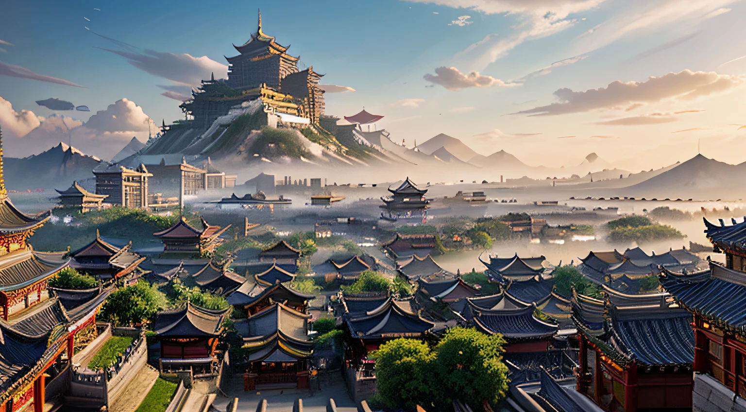 City cartoon landscape with pagodas and pagodas, Beautiful renderings of the Tang Dynasty, Dream Chinatown, Xianxia anime background art, Chinese traditional conceptual art, Xianxia animation background, Beautiful fairy anime scene, Beautiful and peaceful scenes of Xianxia anime, ross tran. scenery background, Anime landscape concept art, ancient city landscape, offcial art