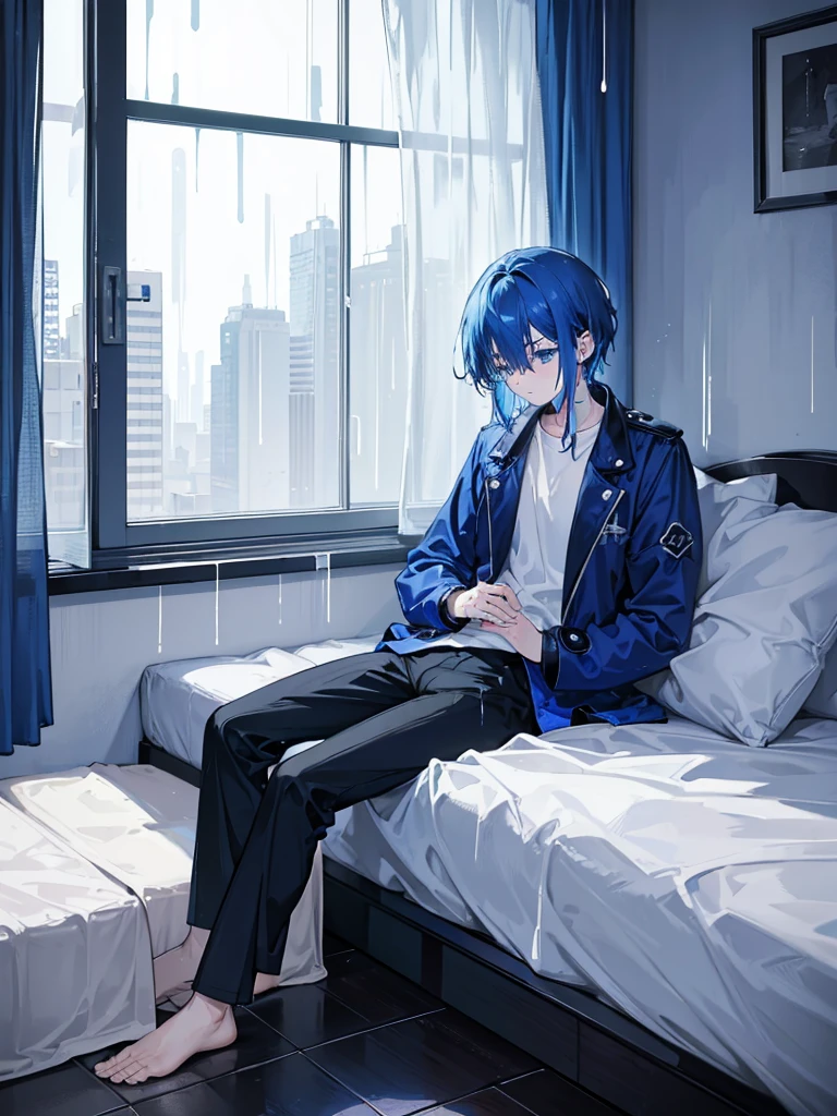 A sad alone depressed boy sleeping, sitting on his bed,watching over the window on his side where it is heavily raining.alone in his room sleeping,sitting and standing.blue hair,blue eyes,wearing blue balck jacket coat and pants