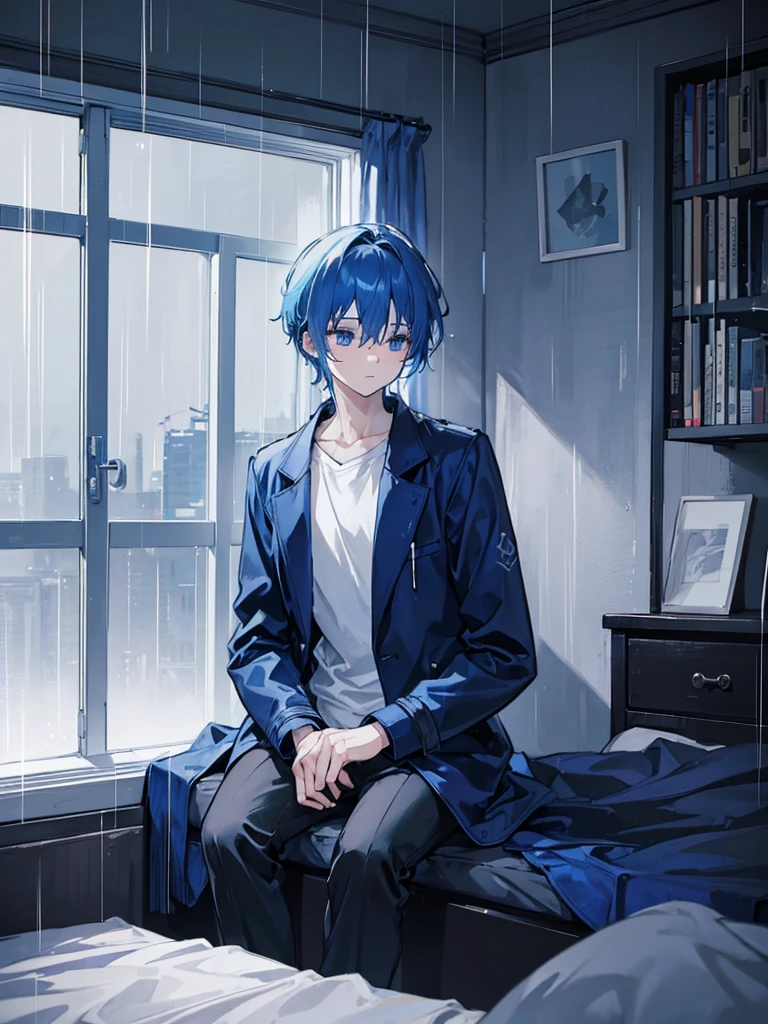A sad alone depressed boy sleeping, sitting on his bed,watching over the window on his side where it is heavily raining.alone in his room sleeping,sitting and standing.blue hair,blue eyes,wearing blue balck jacket coat and pants