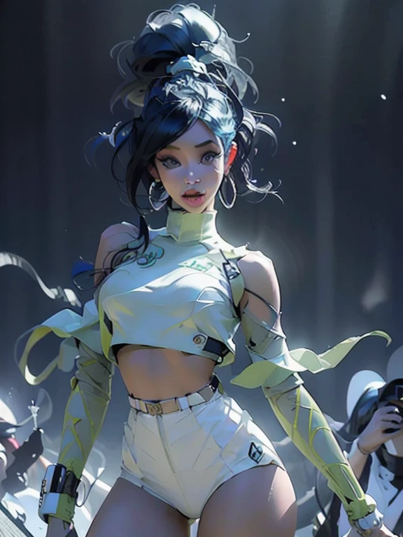 "Describe in vivid detail of a hyper-realistic scene featuring a humanoid alien with a striking resemblance to Cardi B, standing confidently on a concert stage. Capture the intricate details of their appearance, the electrifying atmosphere of the concert, and the intensity as they hold a microphone, ready to captivate the audience with their otherworldly performance."