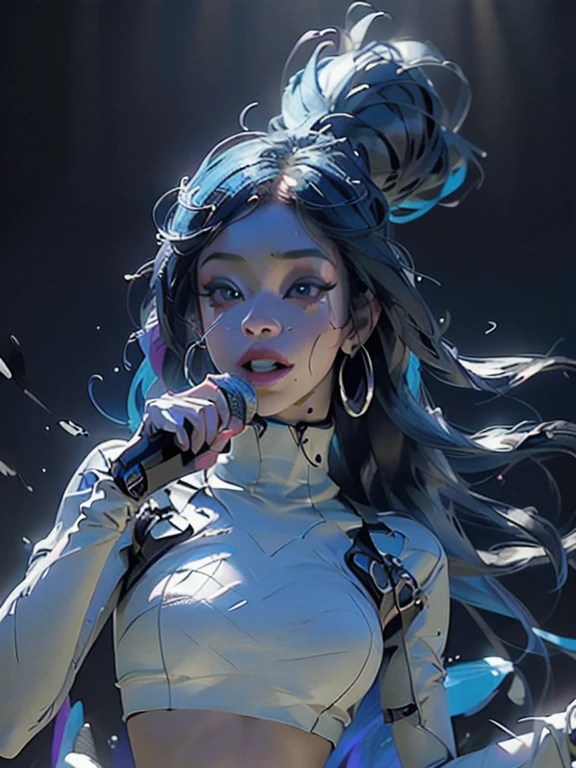 "Describe in vivid detail of a hyper-realistic scene featuring a humanoid alien with a striking resemblance to Cardi B, standing confidently on a concert stage. Capture the intricate details of their appearance, the electrifying atmosphere of the concert, and the intensity as they hold a microphone, ready to captivate the audience with their otherworldly performance."