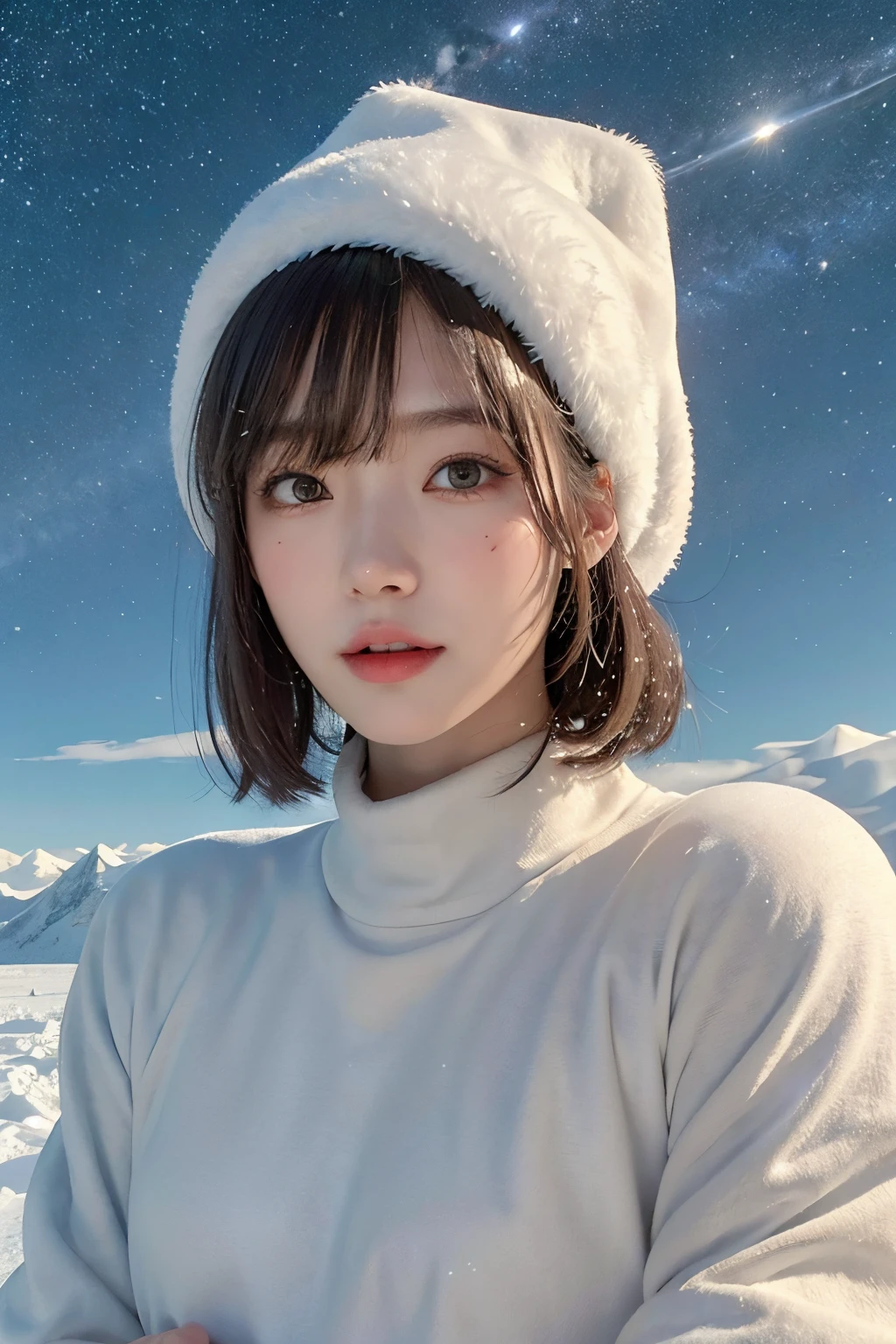 top-quality、masterpiece、超A high resolution、(realisitic:1.4)、Beautuful Women1、Beautiful detail eyes and skin、ssmile、Light brown short-cut hair、The perfect spacesuit、spaceships、cosmic space、iced&Snow Planet、cloudy ash sky、It's snowing、snow blowing、santa hat、