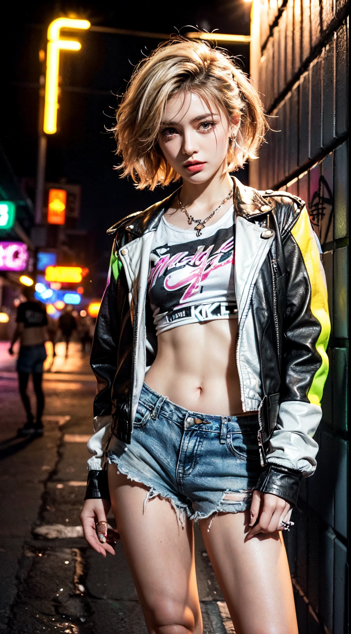 (Ultra-detailed eyes), (((textile shading))), (((Best Quality))), (((materpiece))), (((Ultra-detailed CG))), sassy girl, (((magical little girl))), (Petite), (tiny chest), blonde wavy hair with pink streaks, ((short hair, short hair, gorgeous hair)), Pink eyes, (((punk girl, leather jacket, y2k ripped shorts))), ((striking a pose)), (((Game CG)) (gorgeous, sassy, it girl), fancy jewelry, graffiti-covered walls,neon lights,vibrant colors,night scene,gritty atmosphere,4K, strong punk atmosphere, cowboy shot, midshot, centered image, eye on camera, daylight
