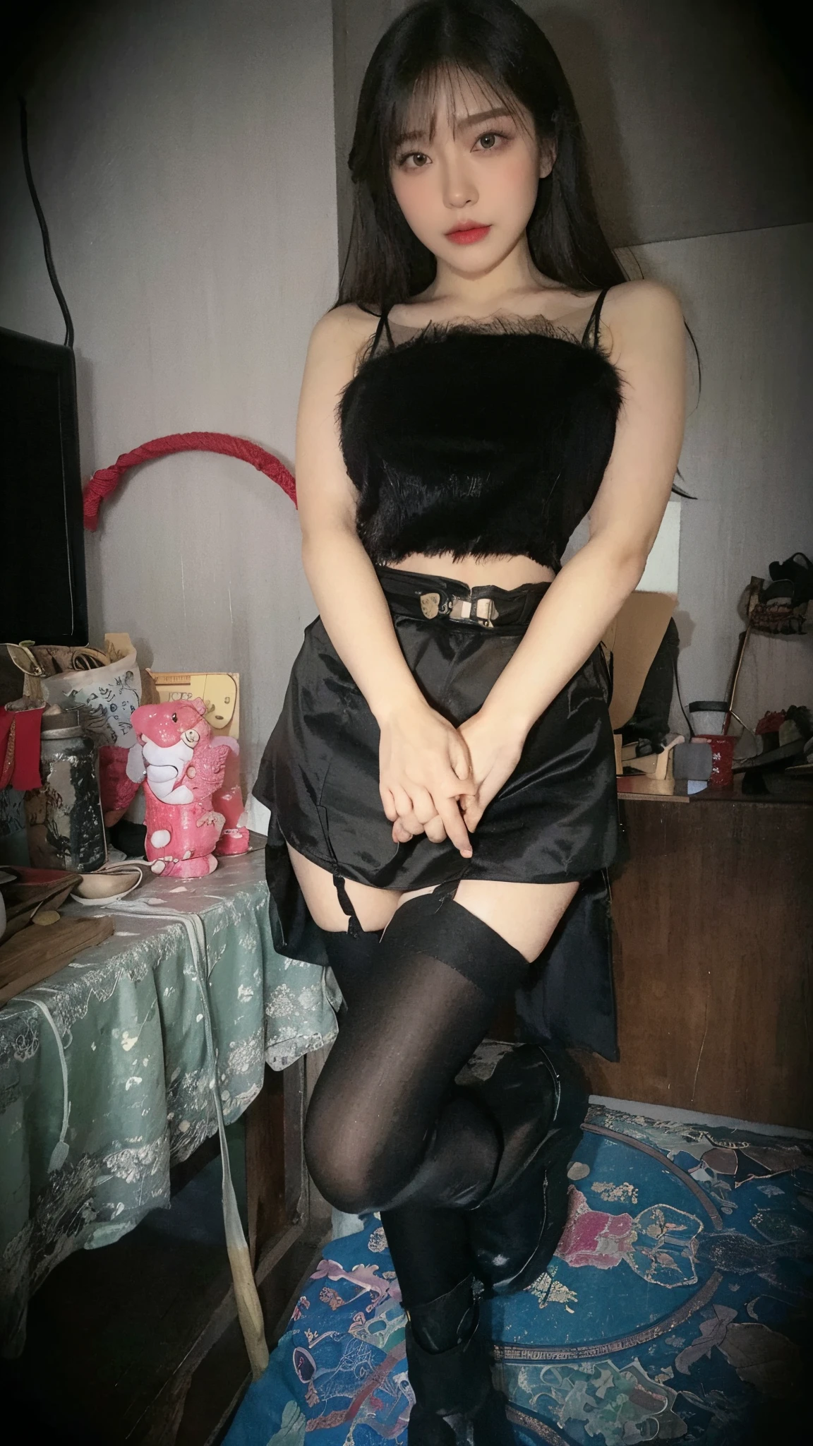 (8K、RAW Photos、Highest quality、masterpiece:1.2)、(Realistic、Realistic)、1 Girl、((Silk dress:1.2、Thin legs、whole body、View from the front、smile、Looking into the camera、Hold your skirt with both hands and show me your lace panties))、cute