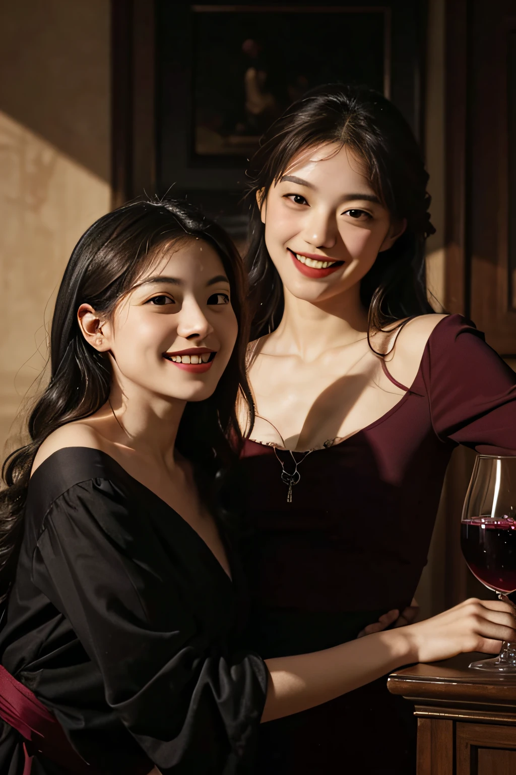 fruits,Grapes,Rosa,antique,A smile,,Sweet and seductive appearance.、Caravaggio's paintings、Chiaroscuro of Caravaggio,Two women frolicking,Cute smile, Expression of ecstasy,erotick