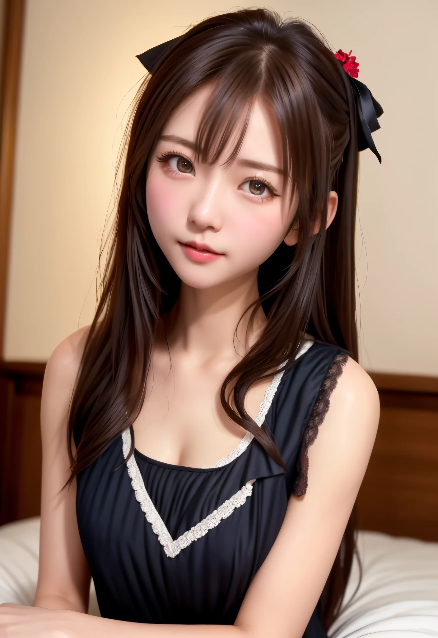 8K, Highest quality, Lie down in bed:1.2), (actual, 真实感:1.37), Highest quality, Lie down in bed, bautiful young woman, Hooky expression,The expression of desire, Gentle and confused eyes, Cute maid outfit, Hair tied behind the head, feel radiant, movie background,, light skin color