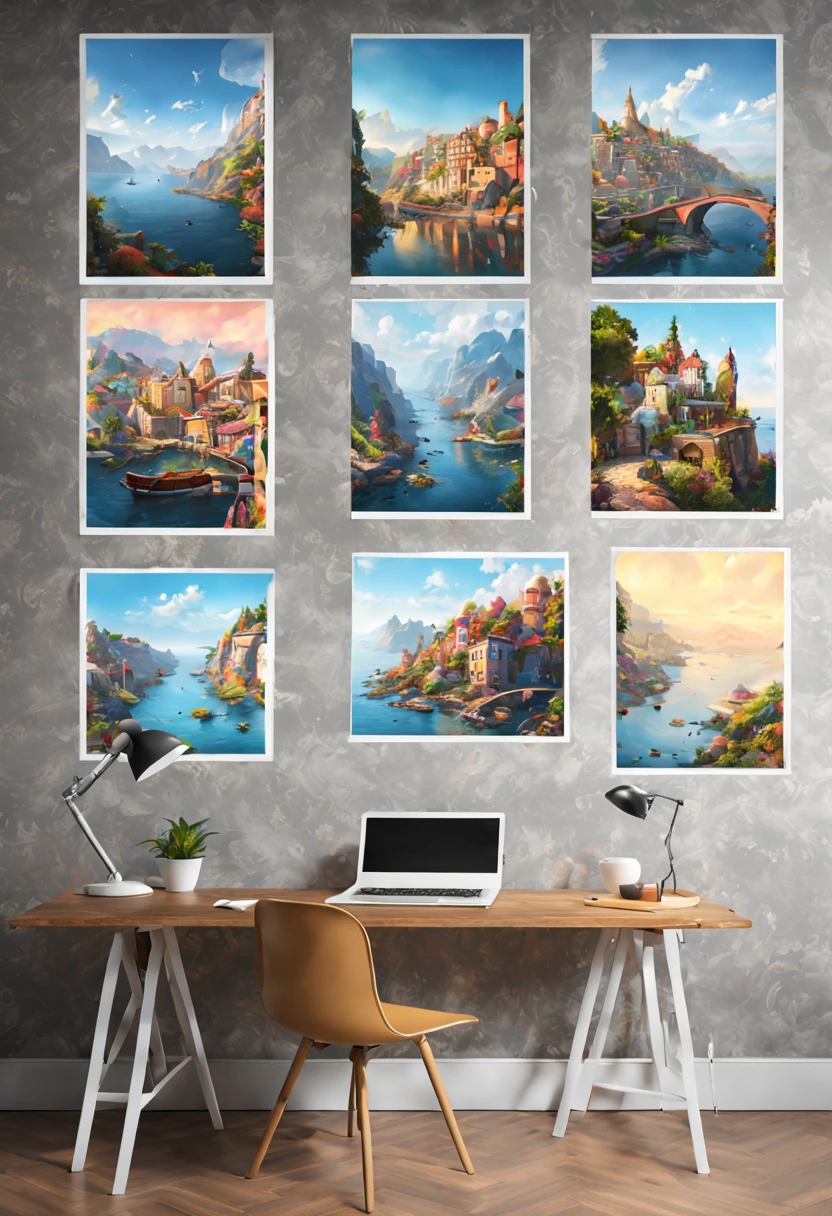 9 postcards wall by Bob Byerley, compact, maintaining a clean and precise aesthetic, no_human, intricate, (best quality, masterpiece, Representative work, official art, Professional, unity 8k wallpaper:1.3)