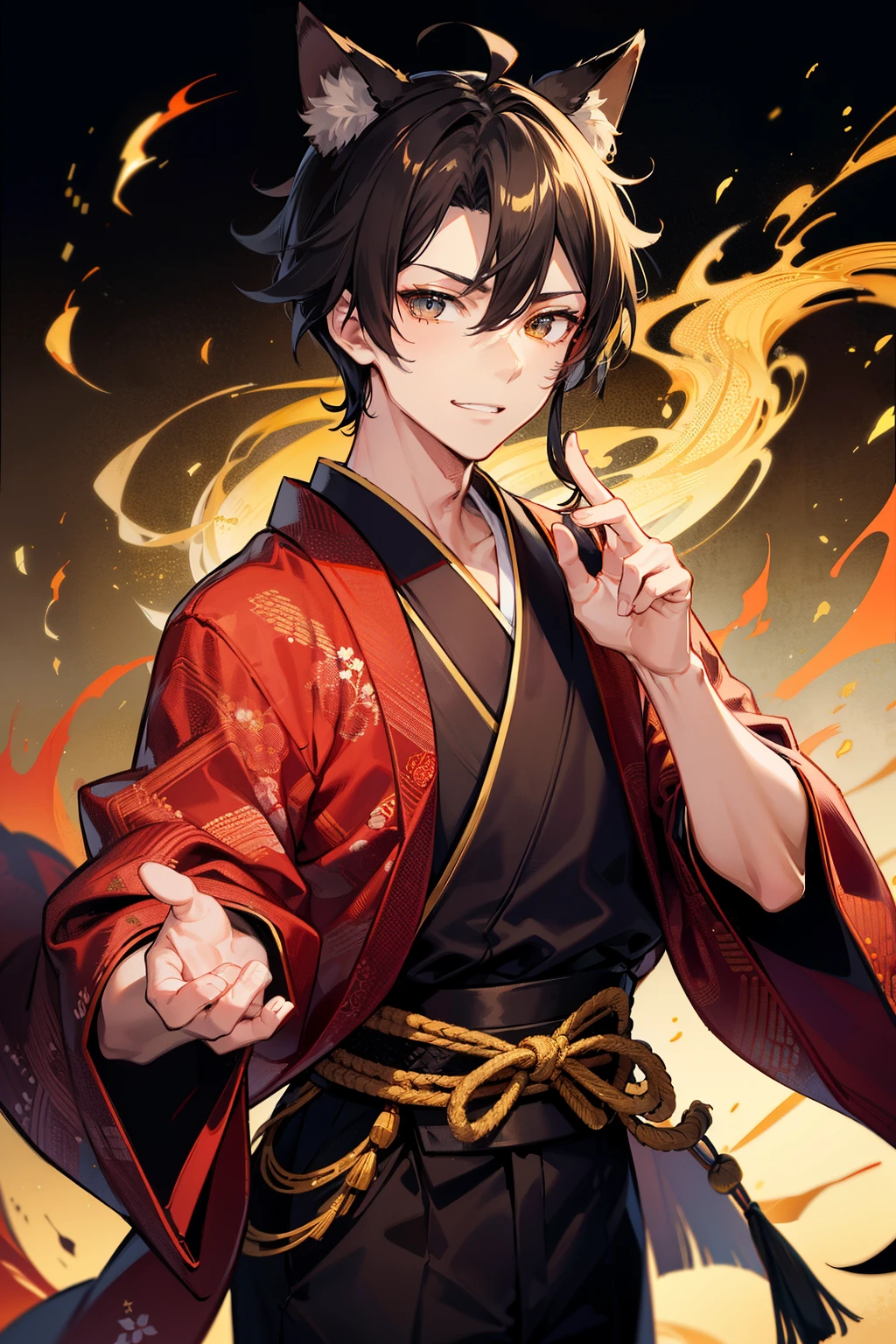 (high-quality, breathtaking),(expressive eyes, perfect face), 1boy, male, solo, young adult, black hair , gold coloured eyes, gentle smile, short hair, loose hair, hair between eyes, japanese clothing, red shirt with a gold and black trim, black pants, brown belt, black fox ears on top of his head, wears a japanese fox mask on the side of his head, patterns on kimono, masculine face, hair covers ears, kimono