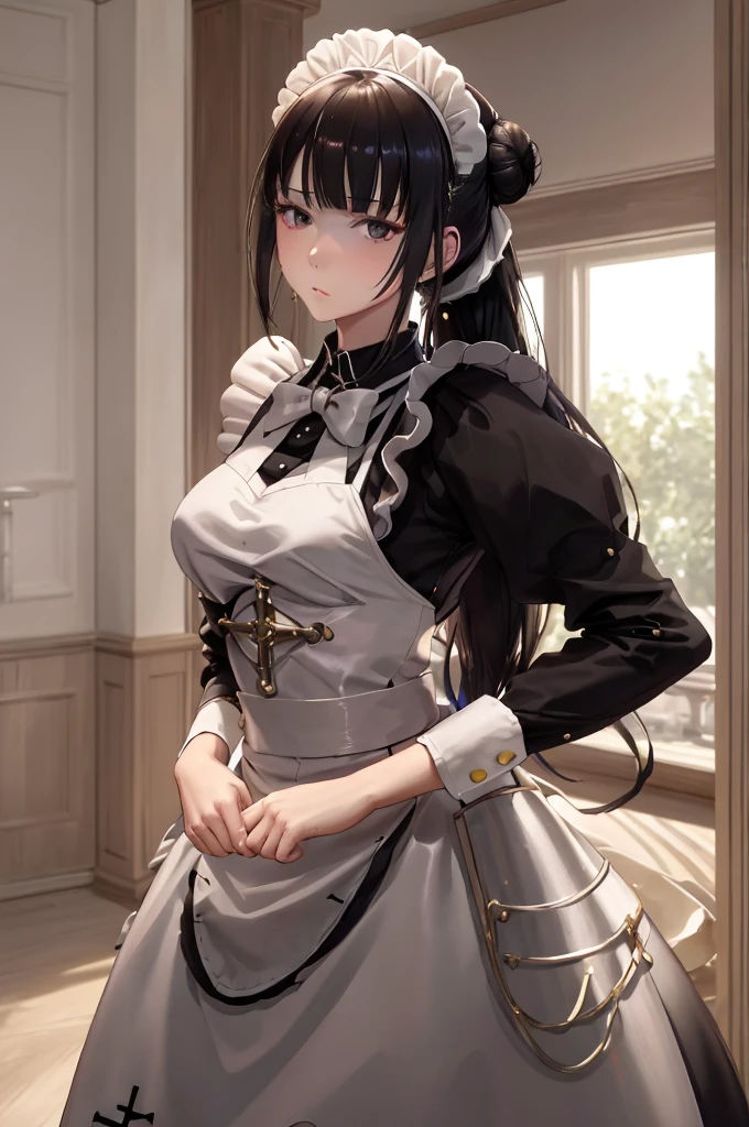 1girll， maidennurse， 独奏， brunette color hair， both hands on hip， aprons， maid headdress， Single bun， 黑The eye， hair-bun， looking at viewert， maid apronl， no feelings， narberal_gamma， A high resolution， tack sharp focus， Pixiv masterpiece， （（Complicated details））， highly  detailed，three women,maid uniform,maid apron,naked apron,lift up skirt,large breasts,whole body,semi-long hair,long hair,ponytail,black hair,black eyes,indoor