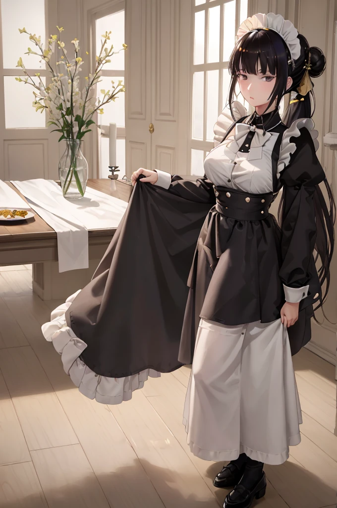 1girll， maidennurse， 独奏， brunette color hair， both hands on hip， aprons， maid headdress， Single bun， 黑The eye， hair-bun， looking at viewert， maid apronl， no feelings， narberal_gamma， A high resolution， tack sharp focus， Pixiv masterpiece， （（Complicated details））， highly  detailed，three women,maid uniform,maid apron,naked apron,lift up skirt,large breasts,whole body,semi-long hair,long hair,ponytail,black hair,black eyes,indoor