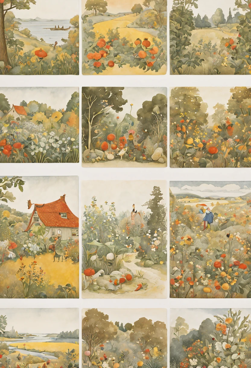 9 postcards wall by Elsa Beskow, maintaining a clean and precise aesthetic, no_human, intricate, (best quality, masterpiece, Representative work, official art, Professional, unity 8k wallpaper:1.3)