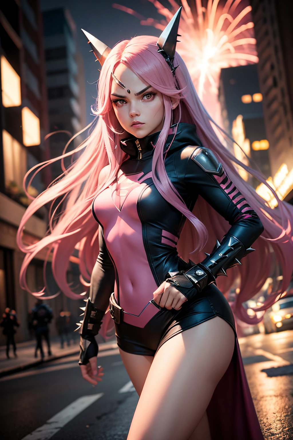 intricate details, cinematic lighting, official art, dark skin, (Ingrid:1.1), mature female, dark-skinned female, (hand on own face:1.1), hand on hip, foreshortening, determined, smirk, seductive smile, pink hair, long hair, hair intakes, makeup, purple lips, lipstick, thick eyebrows, mole under mouth, yellow eyes, toned, muscular,
(helloutfit:1.1), underboob, elbow gloves, thigh boots, highleg panties, bare shoulders, curvy, midriff, huge breasts, thick thighs, curvy hips, night, night sky, rooftop, skyscraper, wide hips, thick thighs, small waist, thin, narrow waist, slim, angle