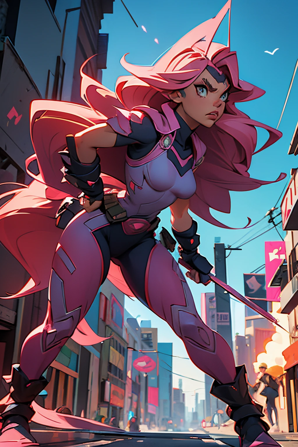 Superhero, girl, long pink hair, armed with pointy teeht, middle of the street, explosions behind, grey clothing whit spikes, posing menacing