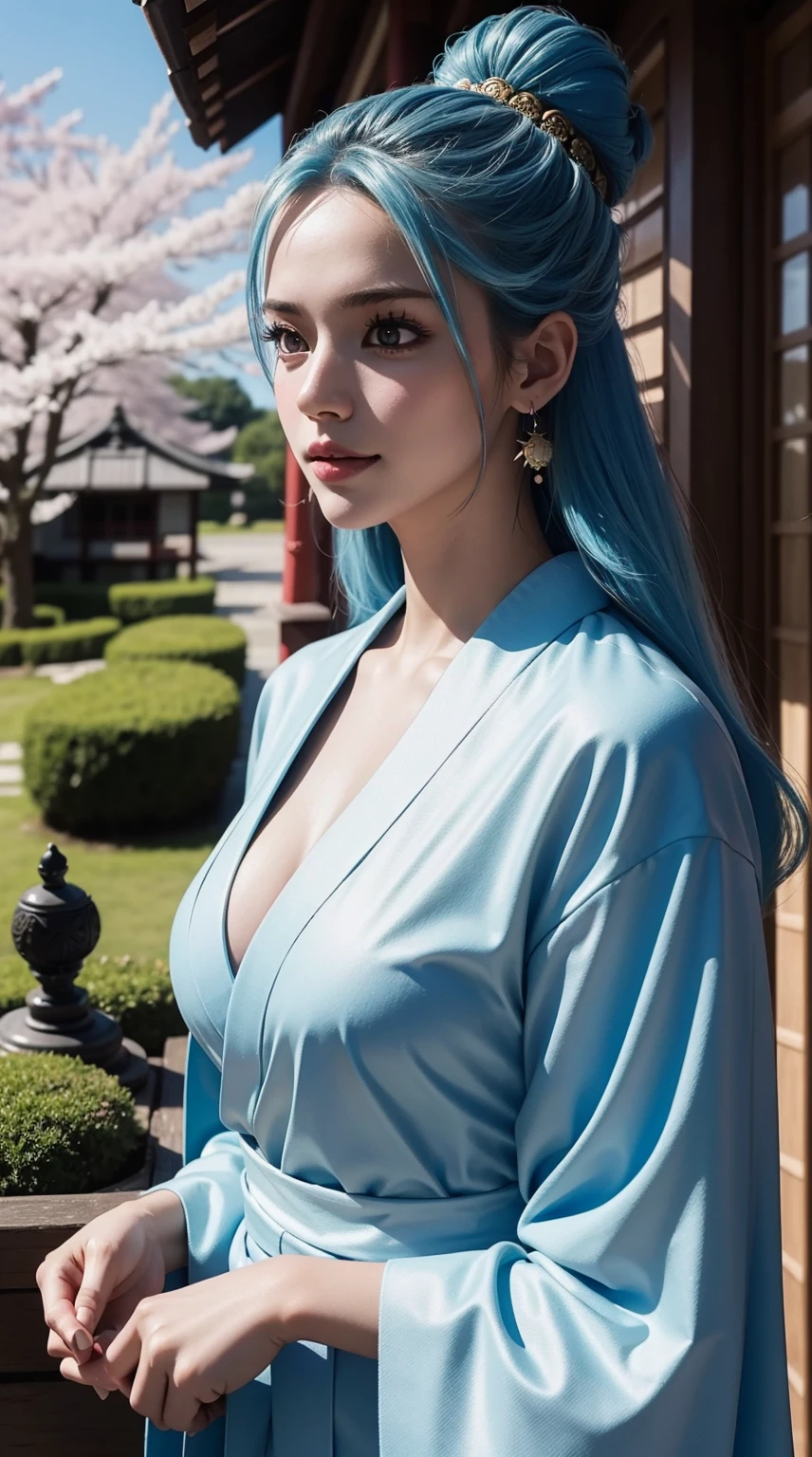 NefertariViviV3, long hair, light blue hair, hair in a bun, beautiful, beautiful woman, perfect body, perfect breasts, wearing a kimono, wearing earrings, wearing a watch, in the garden, cherry trees, traditional Japanese house, looking at the audience, a little smile, realism, masterpiece, textured skin, super detailed, high detail, high quality, best quality, 1080p, 16k