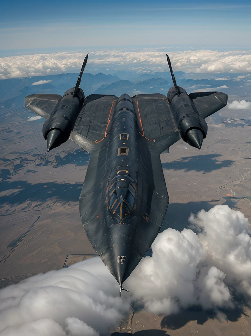 ((​masterpiece、top-quality、realisitic、ultra-detailliert、hight resolution、Photorealsitic、foco nítido、lighting like a movie))、Lockheed SR-71 Blackbird、Meadow covered with green grass in the background、flying above the deep blue sky、Top Secret Spaceplane、Lockheed concept art、fighter jet in flight、Jet fighter、(dark blue sky on the background of mountains,)、dark creepy stealth