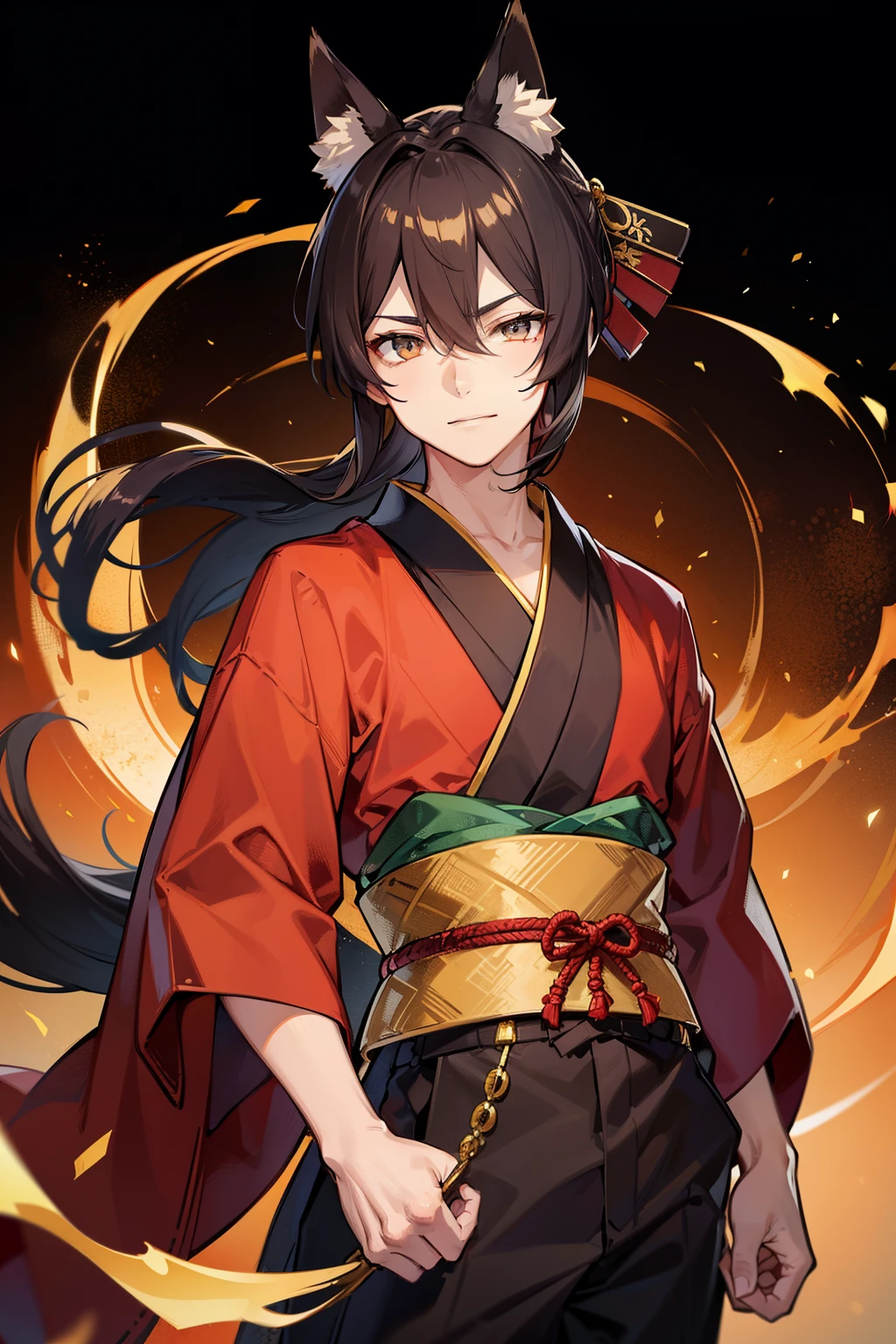 (high-quality, breathtaking),(expressive eyes, perfect face), 1boy, male, solo, young adult, black hair , gold coloured eyes, gentle smile, medium length hair, loose hair, hair between eyes, japanese clothing, red shirt with a gold and black trim, black pants, brown belt, black fox ears on top of his head, wears a japanese fox mask on the side of his head, patterns on kimono, masculine face, hair covers ears, kimono