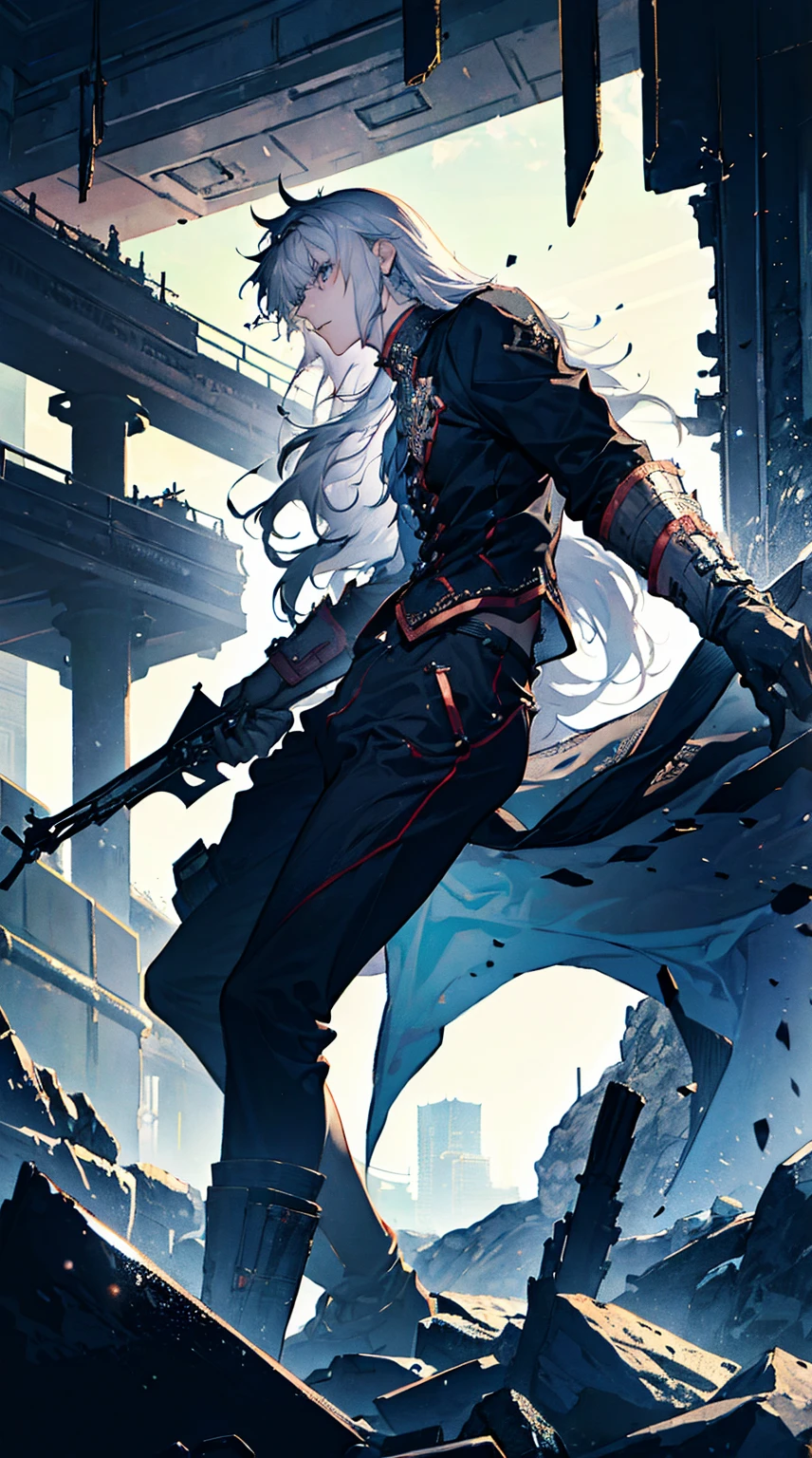 ung Man、Solo, in fighting、gray long hair、verd s eyes、beautidful eyes、Serious、Best Quality、8K、In the ruins of the night,masterpiece