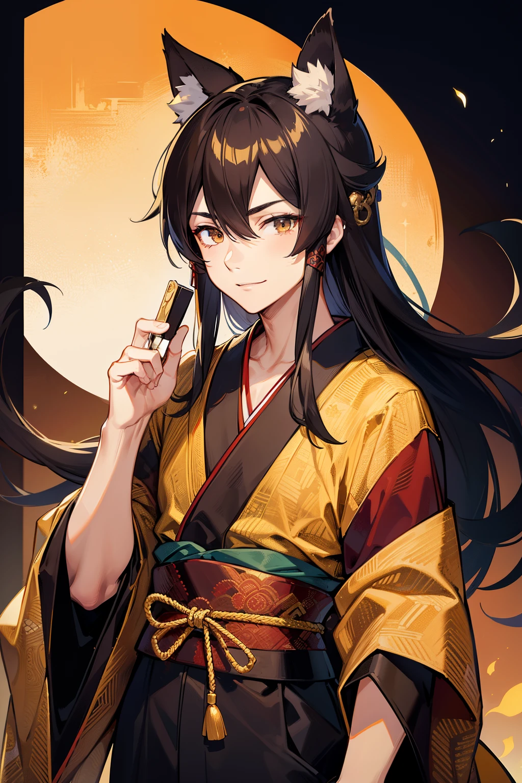 (high-quality, breathtaking),(expressive eyes, perfect face), 1boy, male, solo, young adult, black hair , gold coloured eyes, gentle smile, medium length hair, loose hair, hair between eyes, japanese clothing, red shirt with a gold and black trim, black pants, brown belt, black fox ears on top of his head, wears a japanese fox mask on the side of his head, patterns on kimono, masculine face, hair covers ears, kimono