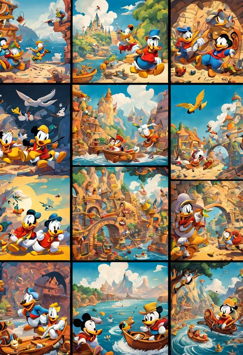 9 postcards wall by Carl Barks, compact, maintaining a clean and precise aesthetic, no_human, intricate, (best quality, masterpiece, Representative work, official art, Professional, unity 8k wallpaper:1.3)