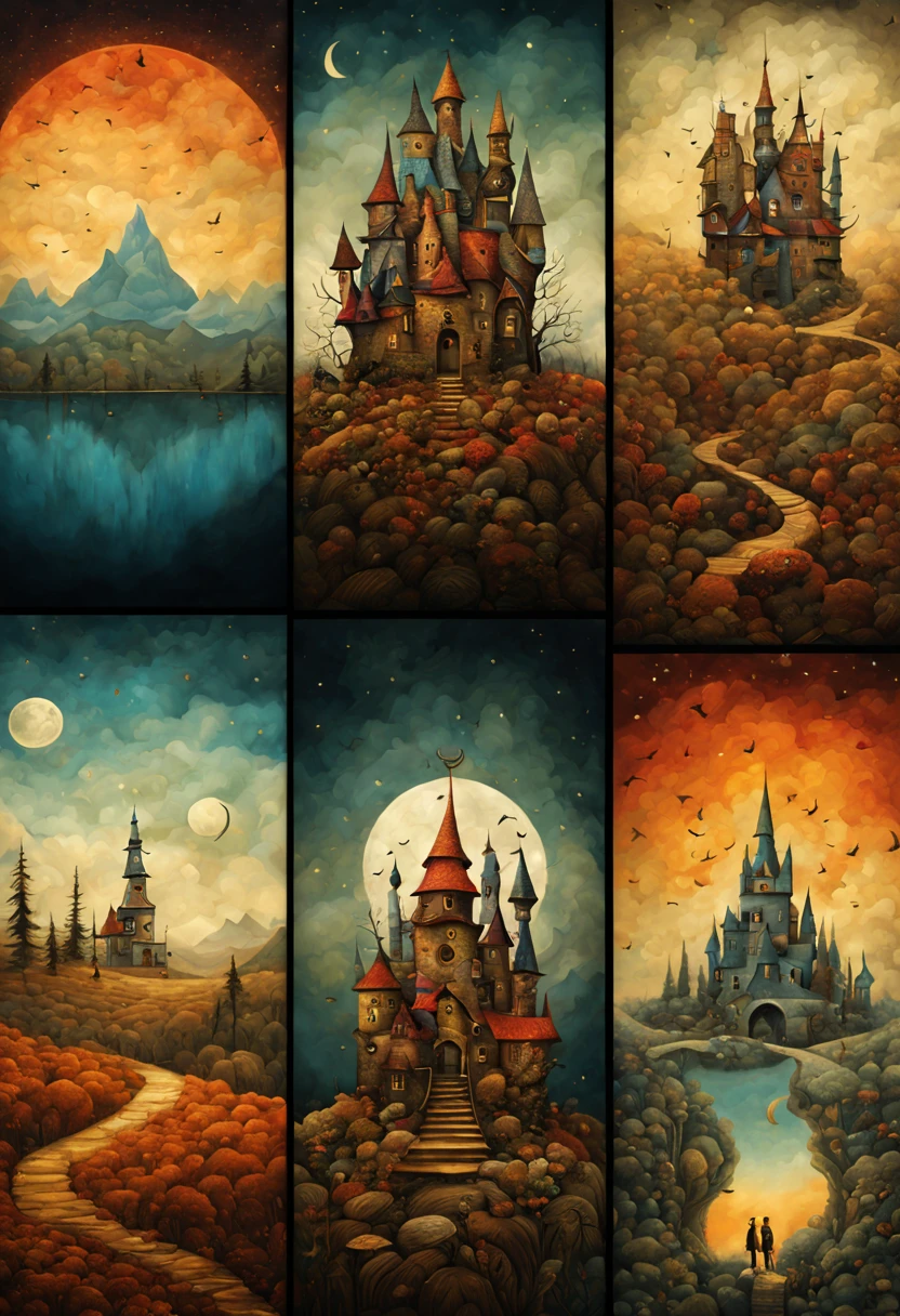 9 postcards wall by Vladyslav Yerko and Andy Kehoe, compact, maintaining a clean and precise aesthetic, no_human, intricate, (best quality, masterpiece, Representative work, official art, Professional, unity 8k wallpaper:1.3)