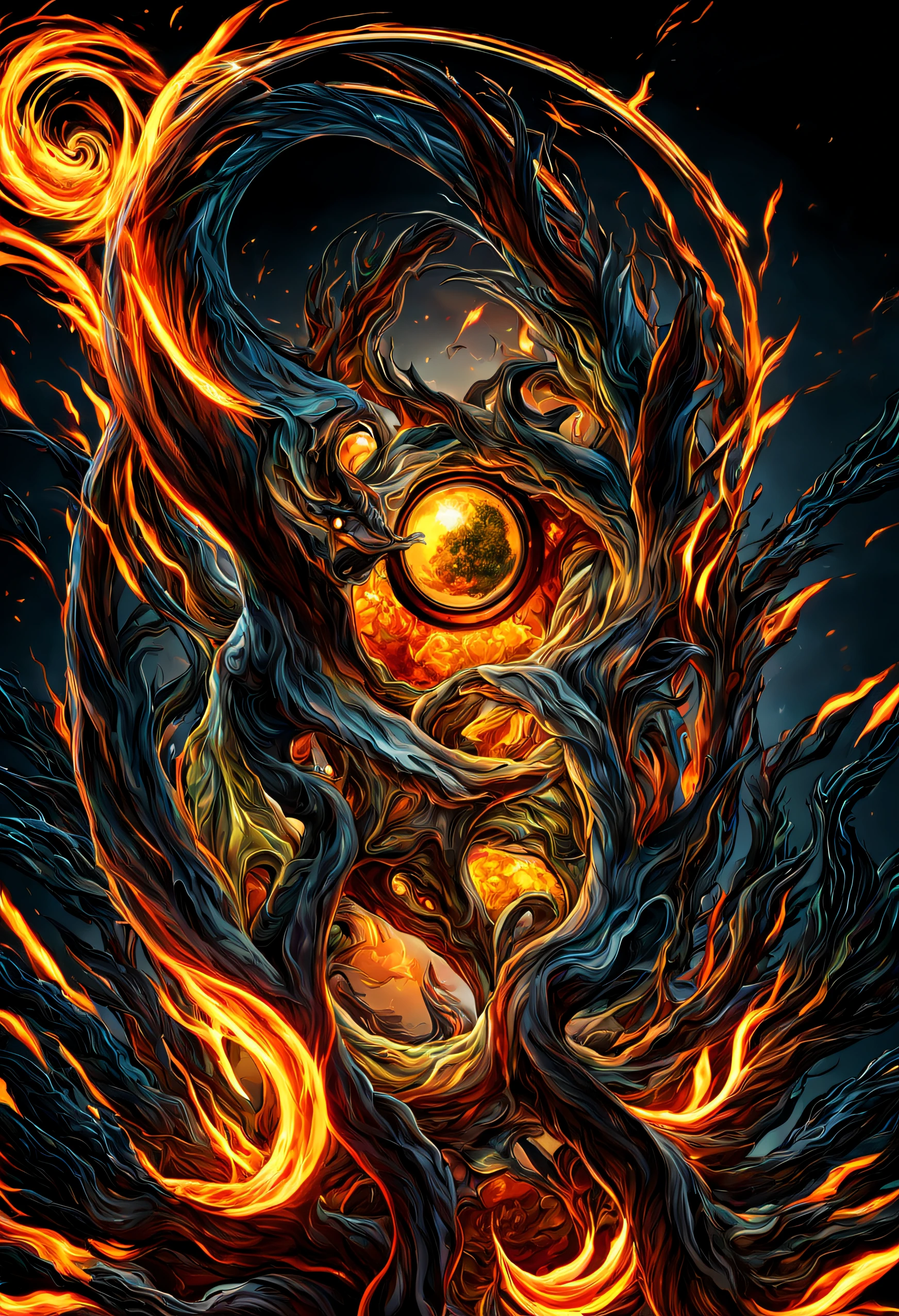 The flame burns in a circle, fiery, Icon with fire halo, Ring of Fire, balls of fire, party, Orange flame in the background, One guy, Fire type, (Fiery), Black fireball, Farenado, Flame Hell, hell, fire theme, Fiery, Hellfire, hell, flashy, Molten glass ball image，There is scenery inside, Detailed digital 3D artwork, tree of life inside the ball, Highly Detailed 4K Digital Art, Advanced digital art, stylized digital art, highly detailed digital painting, glass orbs, highly detailed digital painting, Advanced digital art, 3d rendering beep sound, 8k impression art