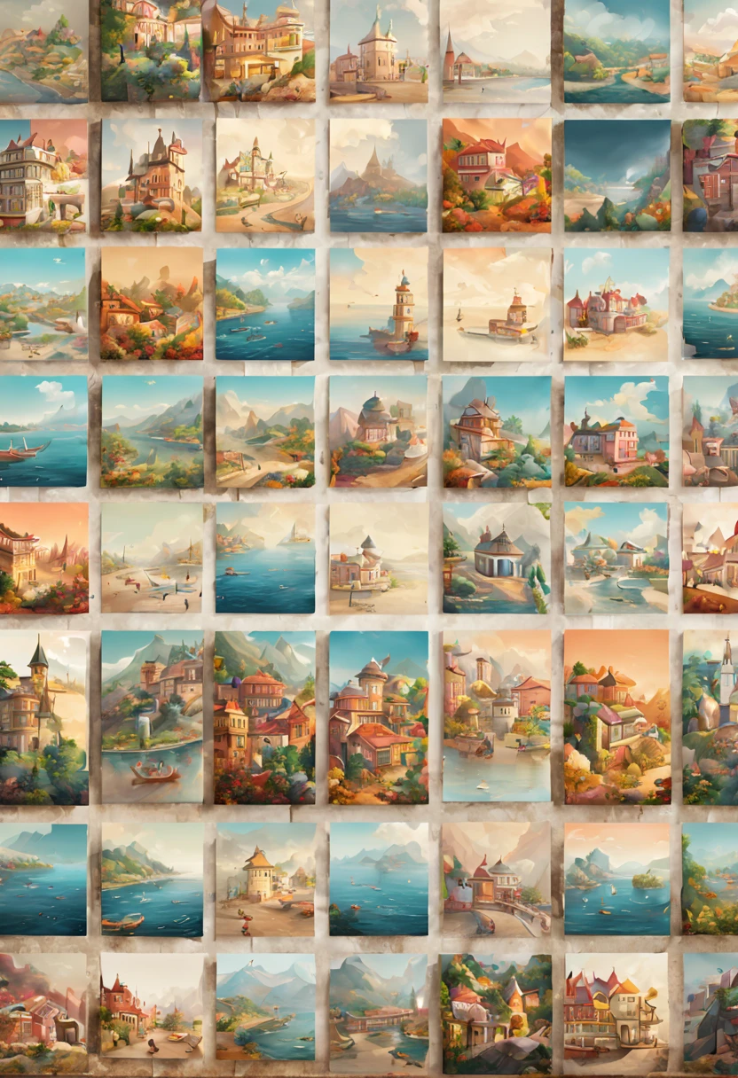 9 postcards wall by Felicia, compact, maintaining a clean and precise aesthetic, no_human, intricate, (best quality, masterpiece, Representative work, official art, Professional, unity 8k wallpaper:1.3)