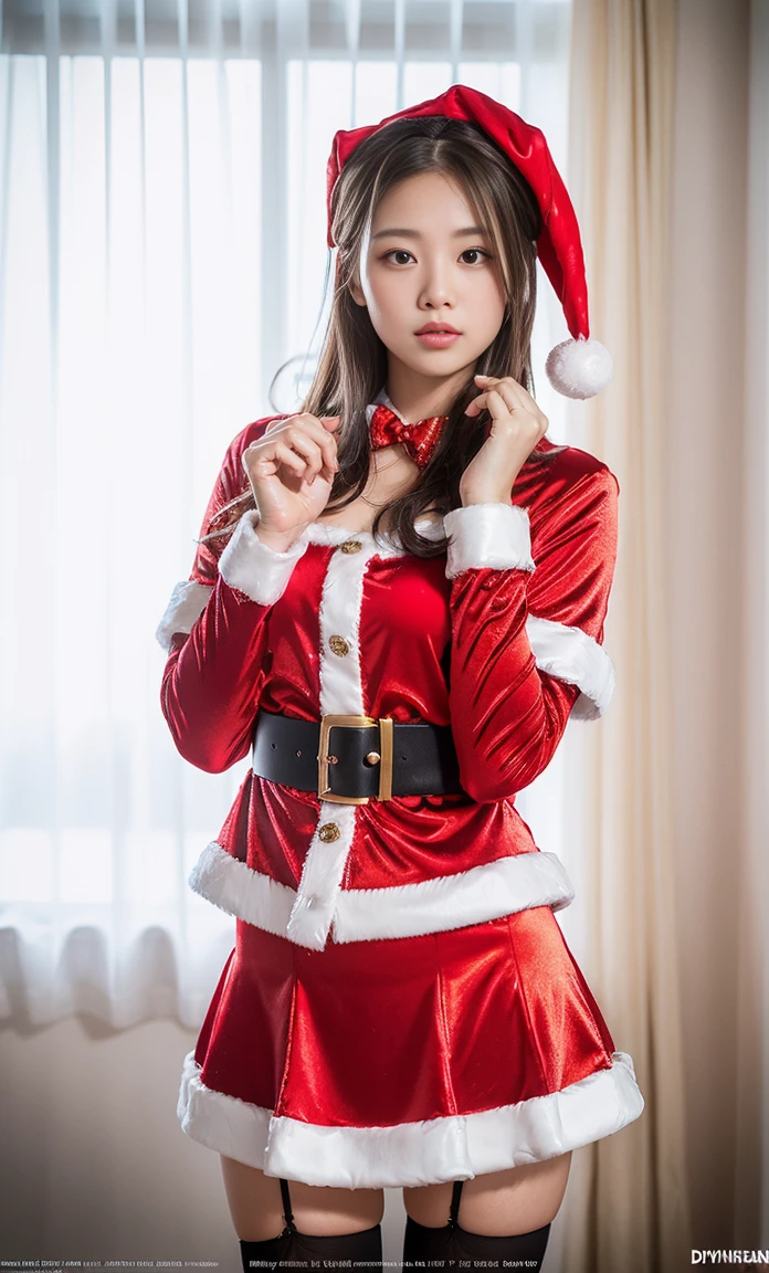 ulzzang -6500-v1.1, (Raw foto:1.2), (Photorealsitic:1.4), a beautiful detailed girl, extremely detailed eye and face, beatiful detailed eyes, Ridiculous, unbelievable Ridiculous, huge filesize, ultra-detailliert, hight resolution, ighly detailed, top-quality, masterpiece, Kemomimi, ((miniskirt santa claus costume)), illustratio, ighly detailed, nffsw, unification, 8k wallpaper, astonishing, finely detail, masterpiece, top-quality, Highly detailed ticker uniform 8K wallpaper, face lights、Cinematographic lighting、1girl in、、(witheout panties)、((dynamicposes)))