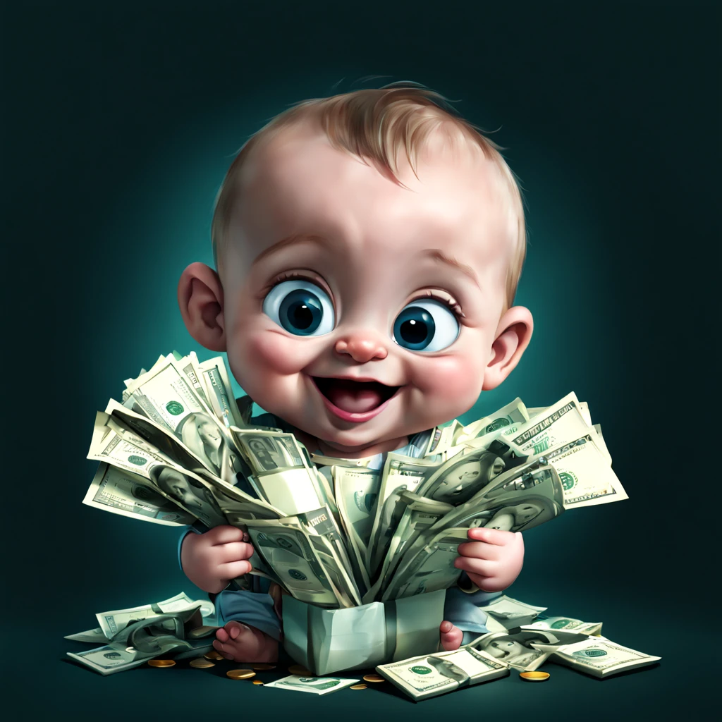 a cartoon baby with happy face and bunch of money in hands