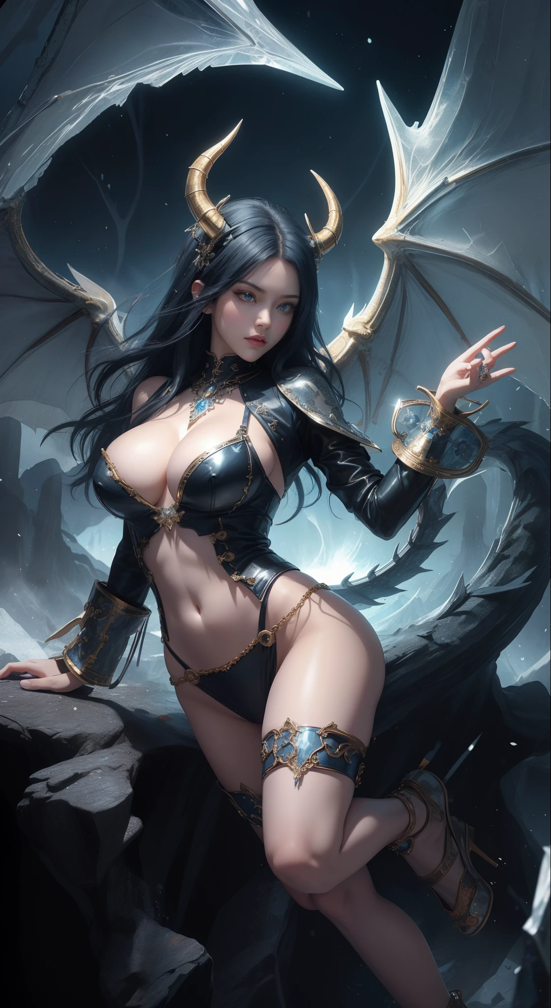 tmasterpiece,Highest image quality,Beautiful full body portrait of the noble dragon girl,Exquisite blue-black hairstyle,Clear golden eyes,Decorated with a series of dragon horns,White studded leather jacket,blackstockings,huge dragon wings,cave cave,blackstockings,heeled sandals,Ultra-detailed details,advanced。At the Pixiv Art Station,Break your own power,Luigi,Big breasts exposing cleavage,R-18G