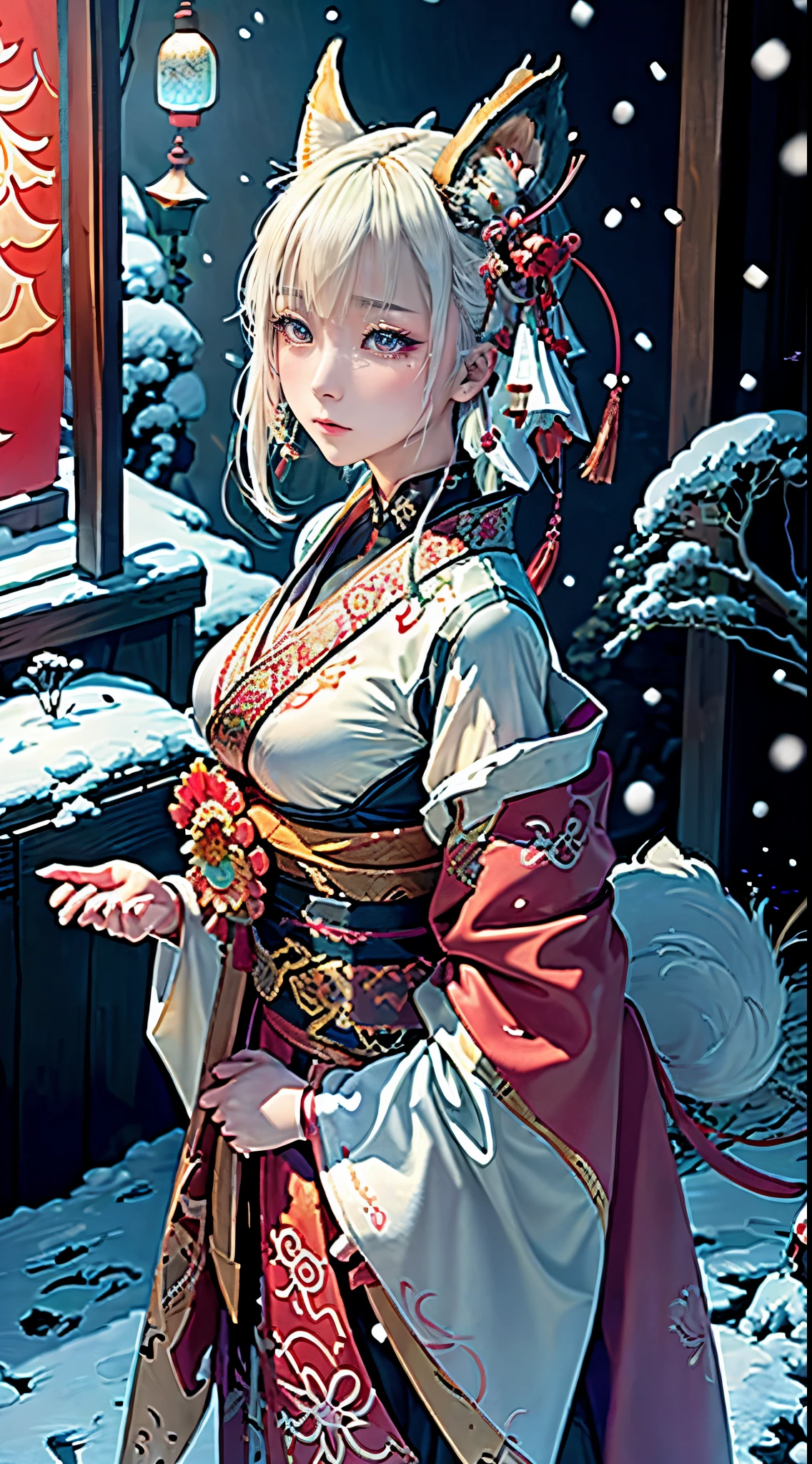 anime - style image of a short-white hair warrior woman, clothes only have white and black colour, samurai kimono, empty hand, white lotus, cry,, a character portrait, fantasy art, background is a winter japan mountain shrine, cyberpunk shrine maiden with fox ears and fox tails, dark white and bold red color, natural lighting, robot fox companions, fighting pose,​masterpiece, 1 beautiful girl, Detailed eye, Swollen eyes, top-quality, A high resolution, an asian beauty, very extremely beautiful, Beautiful skins, A slender, Forward-facing body, (A hyper-realistic), (high resolution), (4K), (highly detailed),( Best Illustration), (beautifully detailed eyes), (ultra-detailed), 详细的脸, Bright lighting, Professional Lighting, distance view, (Snow, winter:1.2), (lantern),