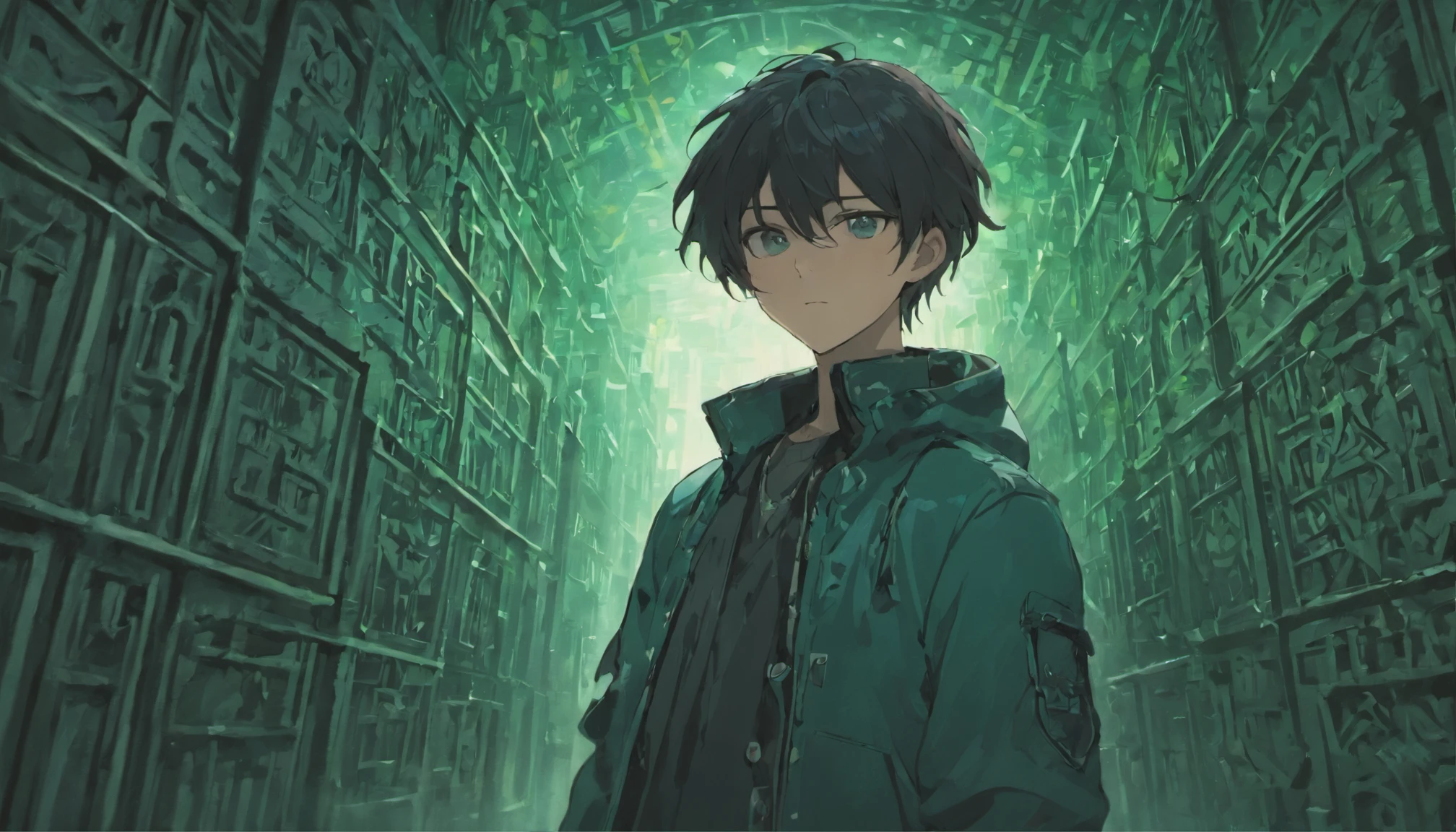 Dark-haired young man,is wearing jacket,get lost in a maze,Mysterious atmosphere,male people,