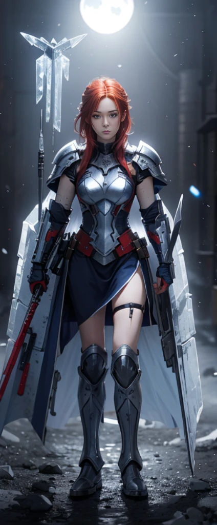 ice red hair,Nice face,blue military armor,Heterochromatic pupil,fully body photo,Stood up,High Picture Quality,16K quality,under moonlight,