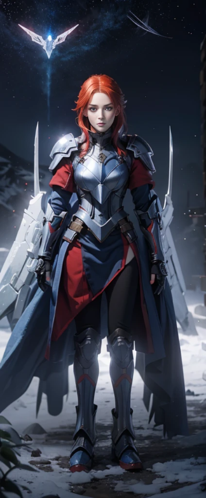 ice red hair，Nice face，blue military armor，Heterochromatic pupil，fully body photo，Stood up，High Picture Quality，16K quality，under moonlight，