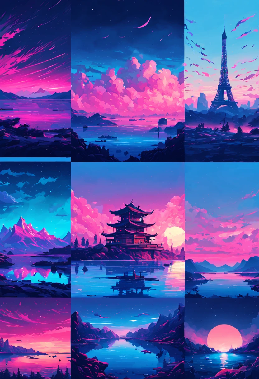 9 postcards wall by Alena Aenami, compact, maintaining a clean and precise aesthetic, no_human, intricate, (best quality, masterpiece, Representative work, official art, Professional, unity 8k wallpaper:1.3)