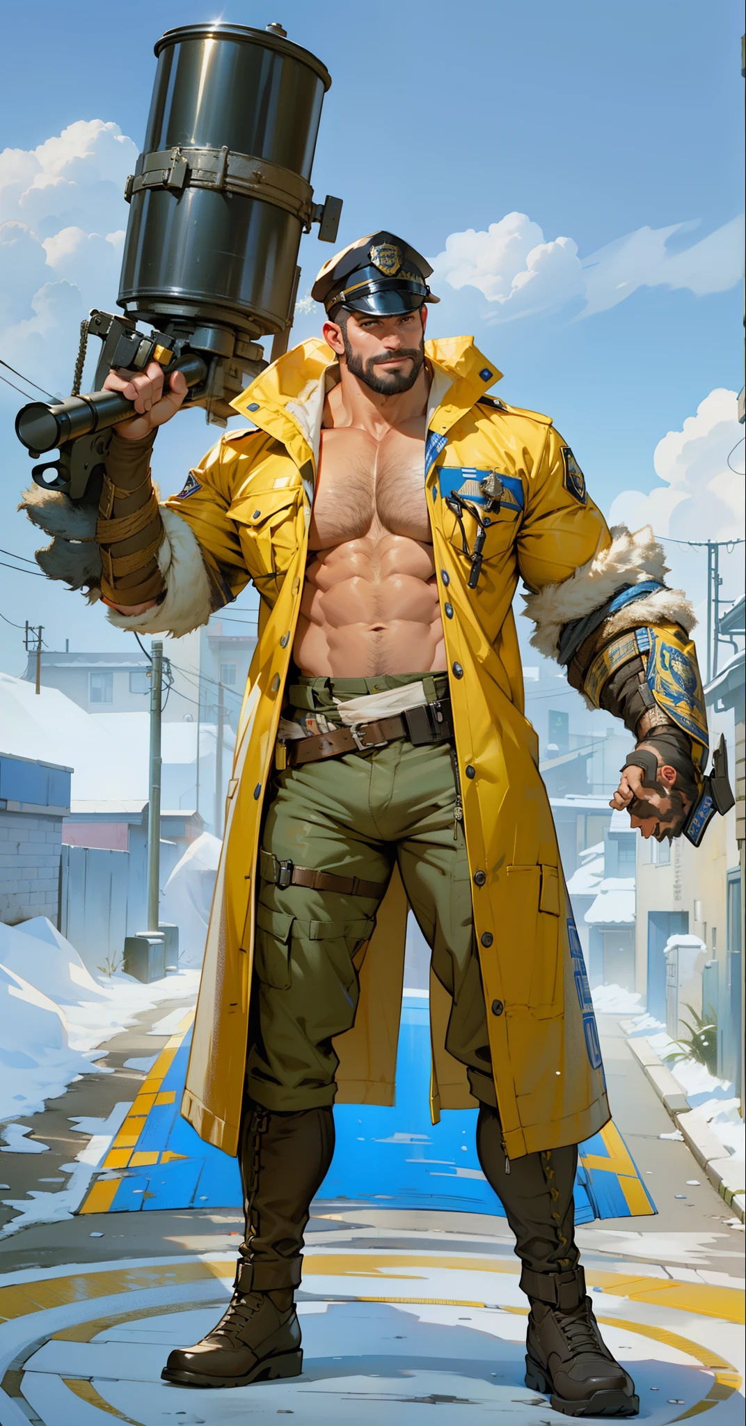 Best quality, masterpiece, ultra high res,detailed background,solo,male,bara,muscular,facial hair,mature male,thick thighs,looking at viewer,((police hat)),((alley)) ,photo of muscular bearded (man) in a worn ((skin-revealing skimpy erotic police uniform)), big arms, large bulge,erotic, exuding sexual energy, homoerotic, sharp focus, photo by greg rutkowski, soft lighting, vibrant colors, (masterpiece), (detailed face), looking at viewer, light smile