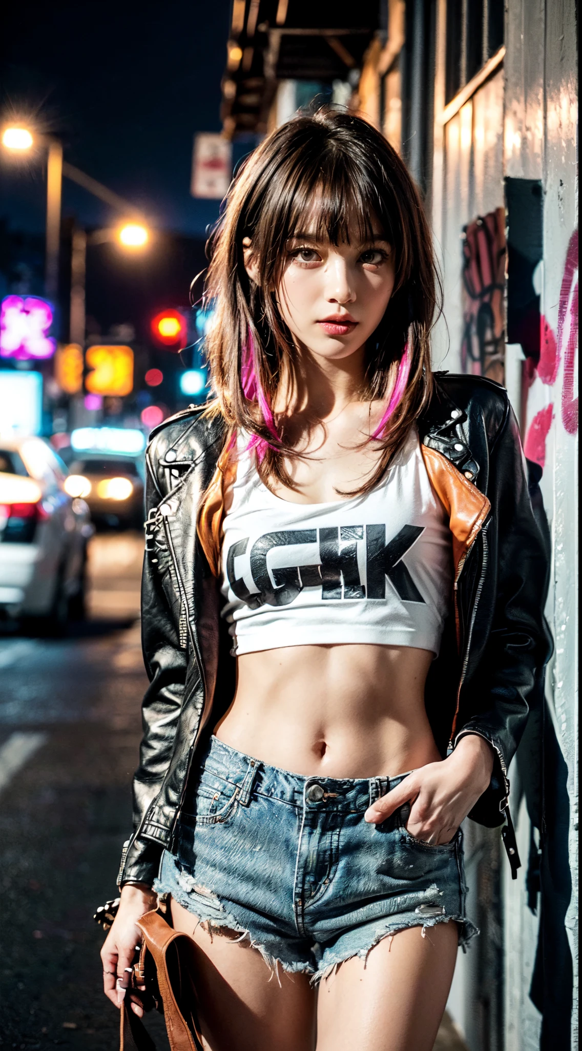 (Ultra-detailed eyes), (((textile shading))), (((Best Quality))), (((materpiece))), (((Ultra-detailed CG))), sassy girl, (((magical girl))), (Petite), (tiny chest), bronze hazel golden hair, ((with bangs, with bangs, gorgeous hair)), Pink eyes, (((punk girl, leather jacket, y2k ripped shorts))), ((striking a pose)), (((Game CG)) (gorgeous, sassy, it girl), fancy jewelry, graffiti-covered walls,neon lights,vibrant colors,night scene,gritty atmosphere,4K, strong punk atmosphere, cowboy shot, midshot, centered image, eye on camera, daylight