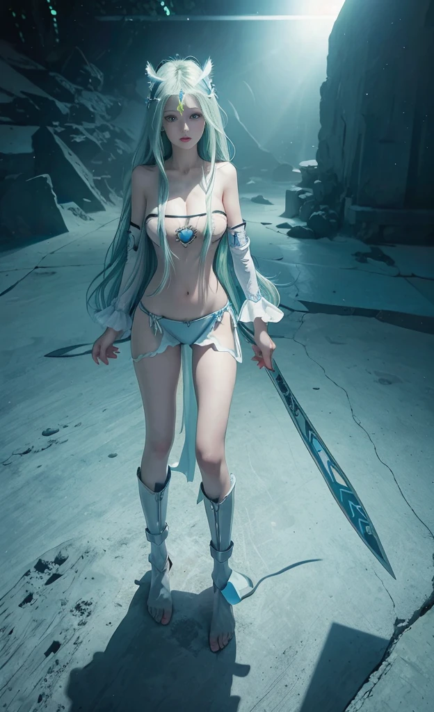 light green long hair,Nice face,blue bikini armor,Heterochromatic pupil,fully body photo,half moon beach,standing on your feet