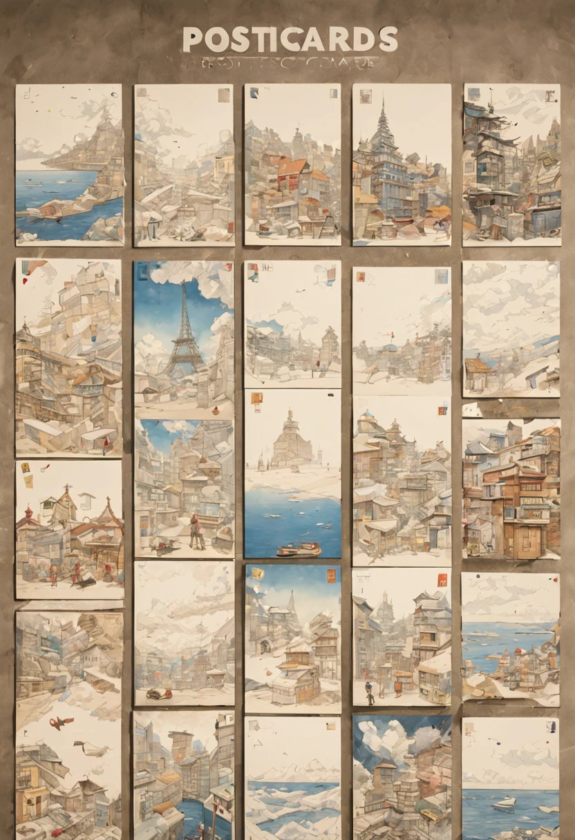 9 postcards wall by Naoki Urasawa, compact, maintaining a clean and precise aesthetic, no_human, intricate, (best quality, masterpiece, Representative work, official art, Professional, unity 8k wallpaper:1.3)