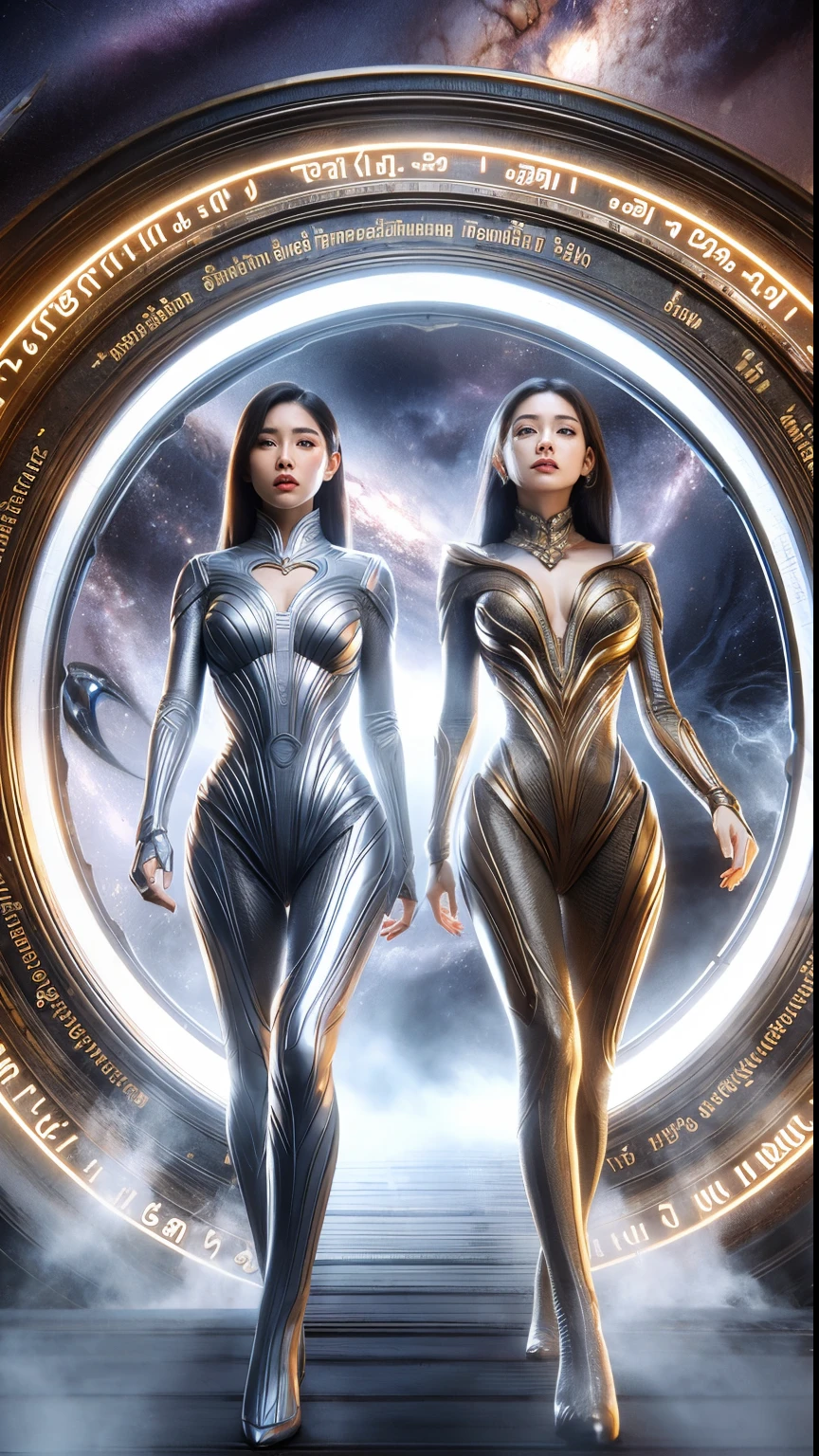 5 Korean women in luminous, transparent bodysuits、Pure white skin、Sexy standing pose、tall、Acrobatic perspective、Dark Background、Depth of written boundary、