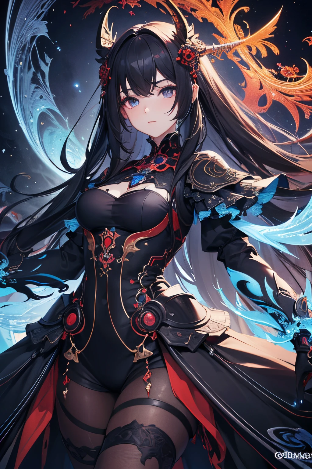 (Absurd, High Resolution, Ultra Detailed), 1girl, Very Detailed Eyes, (Official Art, Beauty and Aesthetics: 1.2), (Fractal Art: 1.3), black red blue Color Scheme, Most Detailed
