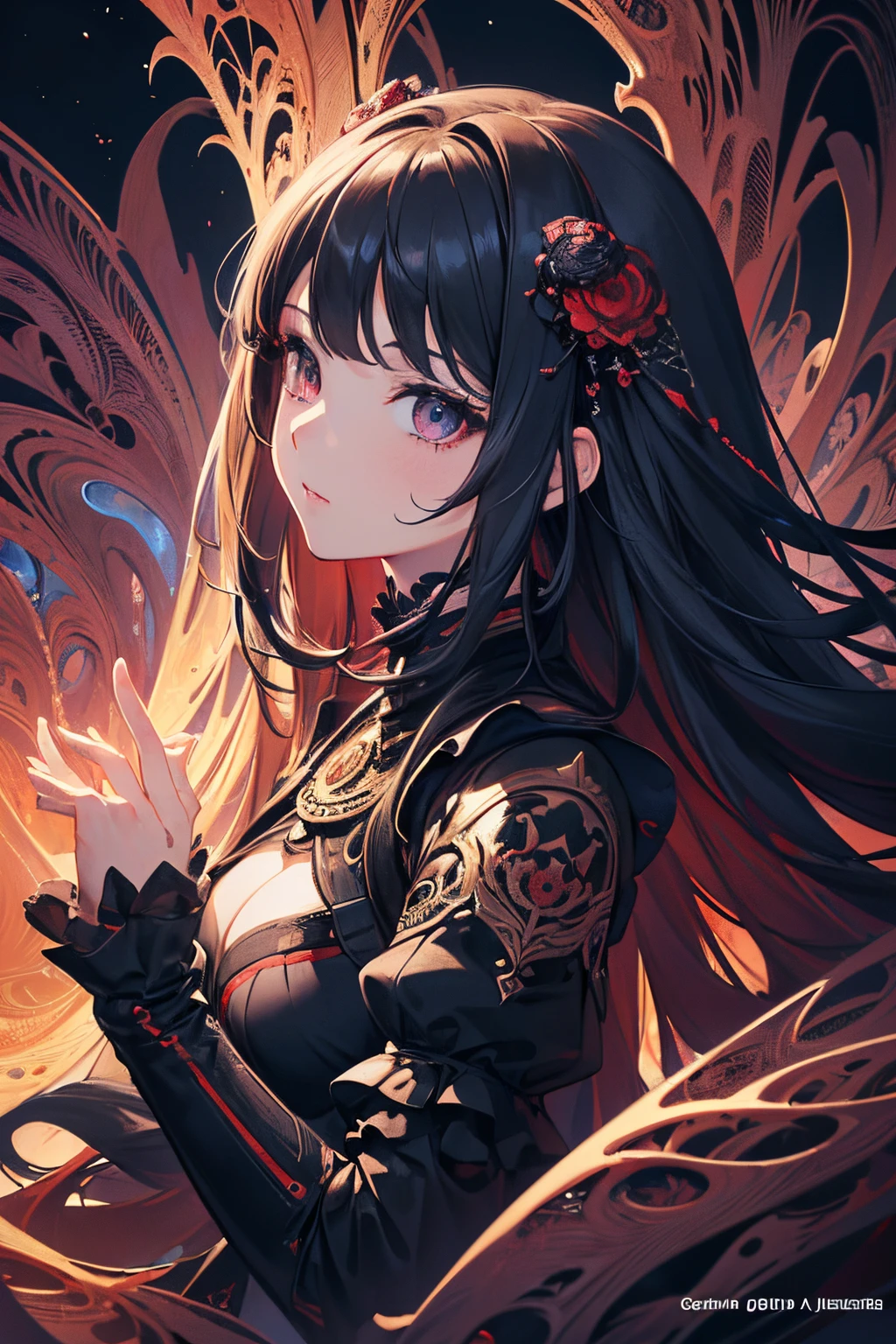 yor briar, anime style beutiful woman, 1girl, happy, smile, red face, closed mouth, beautiful detailed eyes, super detailed skin, backlighting, bare shoulders, black background, black dress, black gloves, black hair, breasts, dress, earrings, fingerless gloves, floating hair, floral print, flower, gloves, gold earrings, gold hairband, hair flower, hair ornament, hairband, holding, holding weapon, jewelry, large breasts, long hair, looking at viewer, off-shoulder dress, off shoulder,red eyes, short hair with long locks, sidelocks, solo, spikes, thighs, two-sided dress, two-sided fabric, weapon, fighting stance , face, close up, from above, highest quality, high resolution.