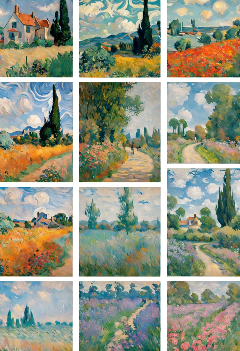 9 postcards wall by Claude Monet, compact, maintaining a clean and precise aesthetic, no_human, intricate, (best quality, masterpiece, Representative work, official art, Professional, unity 8k wallpaper:1.3)