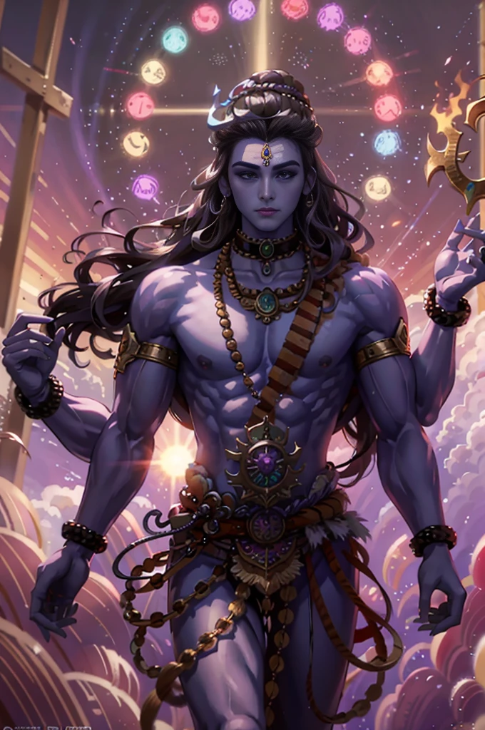 （highly details：1.3），malefocus，Purple skin，musculous，powerful posing，choker necklace，（（detailed faces and eyes：1.3）），Hyper-detailing，（A high resolution：1.1），best qualtiy，（tmasterpiece：1.3），cinmatic lighting，The sun shines overhead，Meditation and emptiness，Lotus flowers all over the body，holding trident🔱，Solemn, 8k , high detailed
