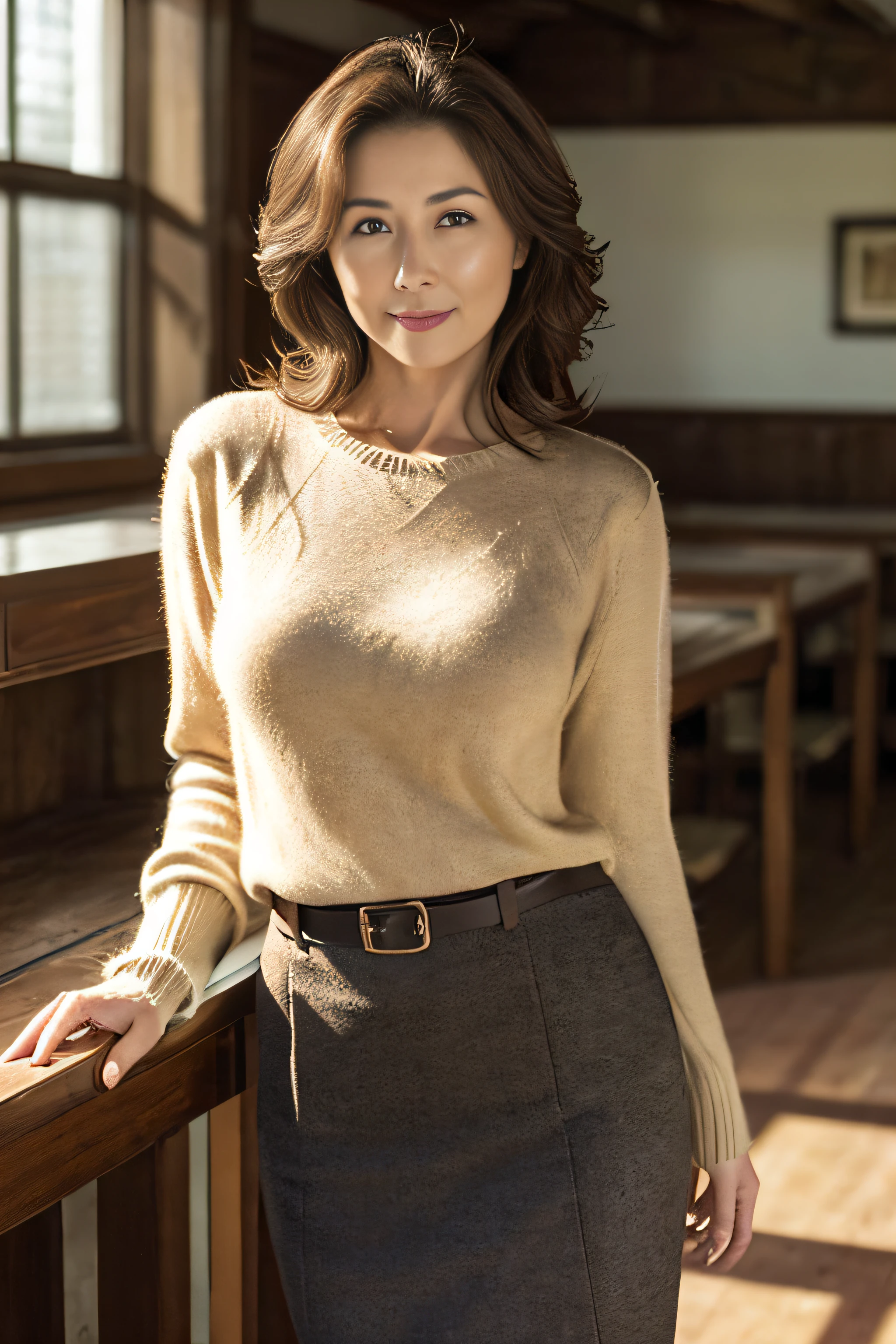 Top Quality, masterpiece, Hight Resolution, Photorealcitic, profesional lighting, ighly in detail, depth of fields, ((Beautiful mature lady)), ((50 Years Old)), Sexy Woman, class room, ((Sweaters, Skirt by the)), Detailed face, beautidful eyes, bangss, large full breasts, good body, Light brown straight hair, Faint lips, ((stand forward、Staring at the viewer, serious face)), cowboy shots, edgy,