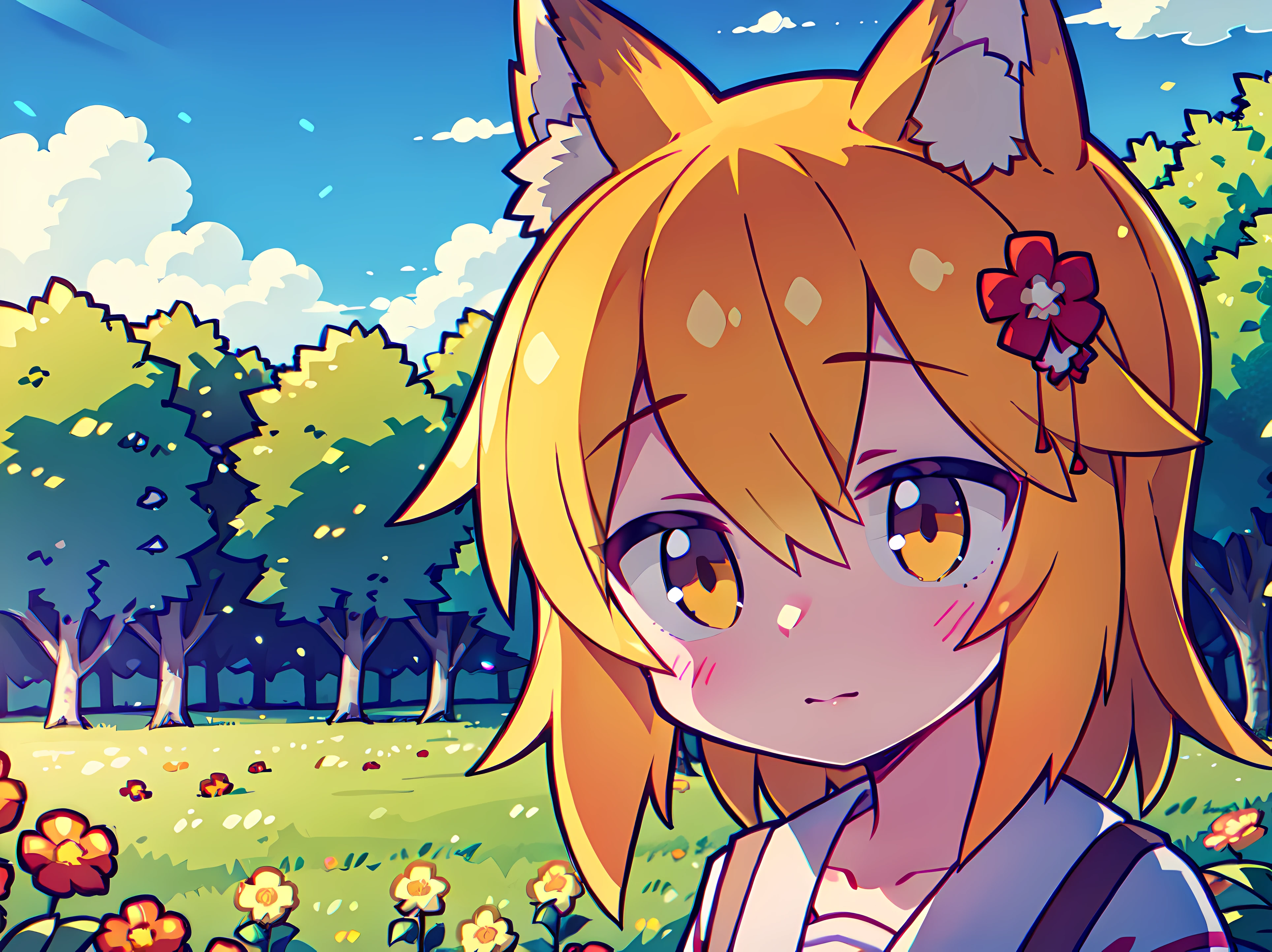 A girl, Fox ears, field, Orange flowers. Super detailed, Detailed ears, Detail Eyes, Girls 4K, Detailed flowers, beautiful clouds, detailed blocks, Beautiful trees, trees in the background, Detailed trees, Girl close-up, body